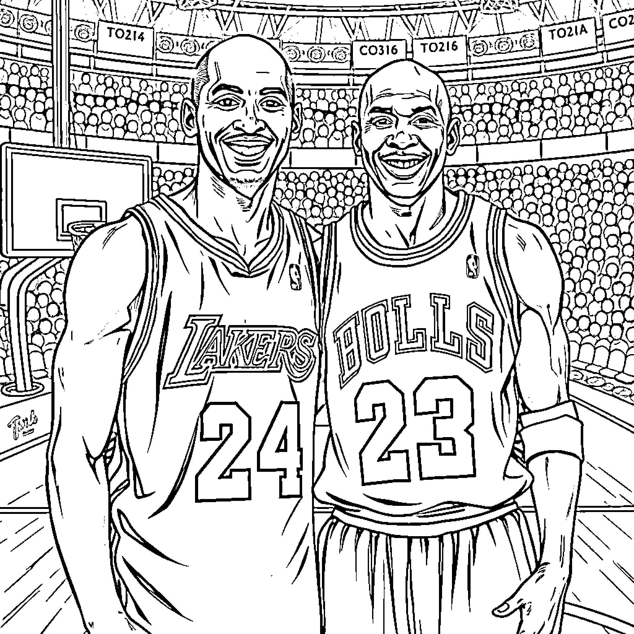 Kobe Bryant and Michael Jordan in Lakers and Bulls Uniforms Coloring Page (free black-and-white line drawing printable PDF for all, from beginners to advanced learners, including children, teens, adults, and seniors)