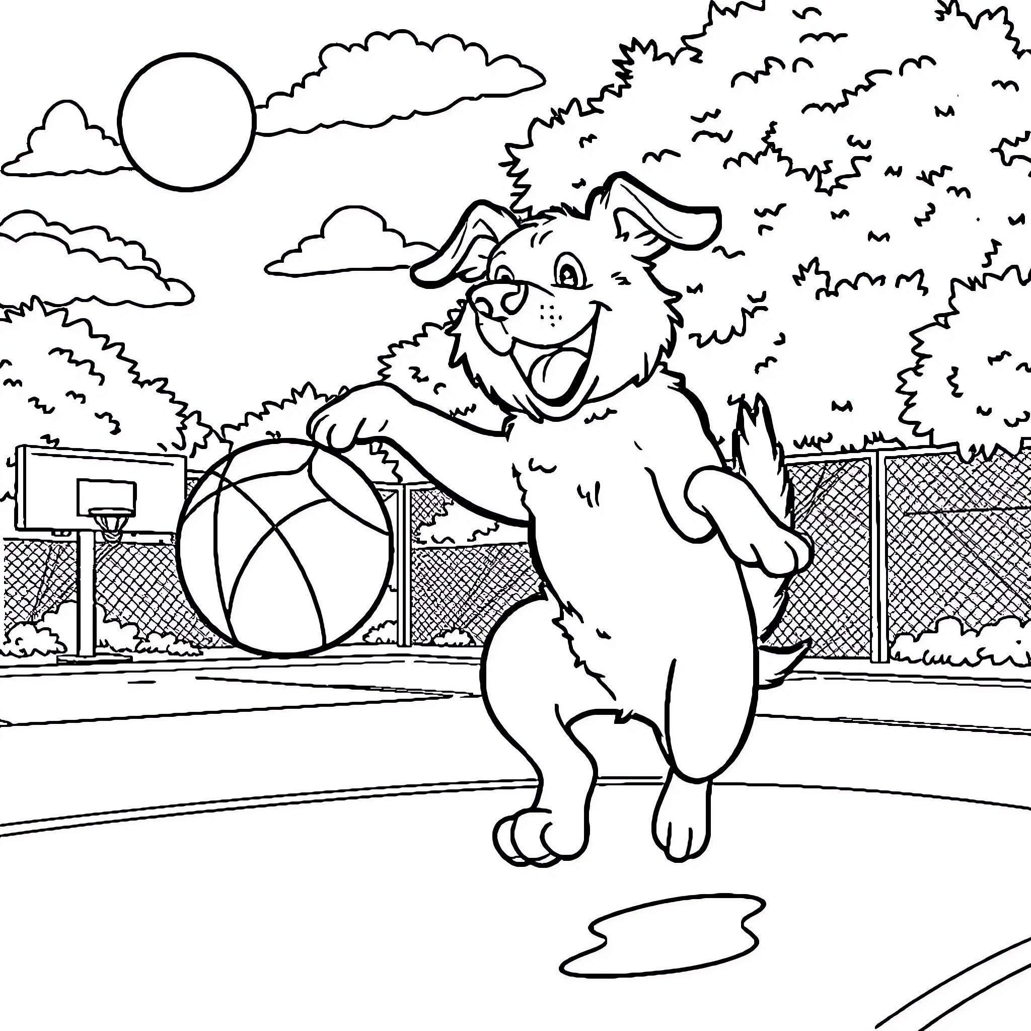 Dog playing with basketball on outdoor court Coloring Page (free black-and-white line drawing printable PDF for all, from beginners to advanced learners, including children, teens, adults, and seniors)