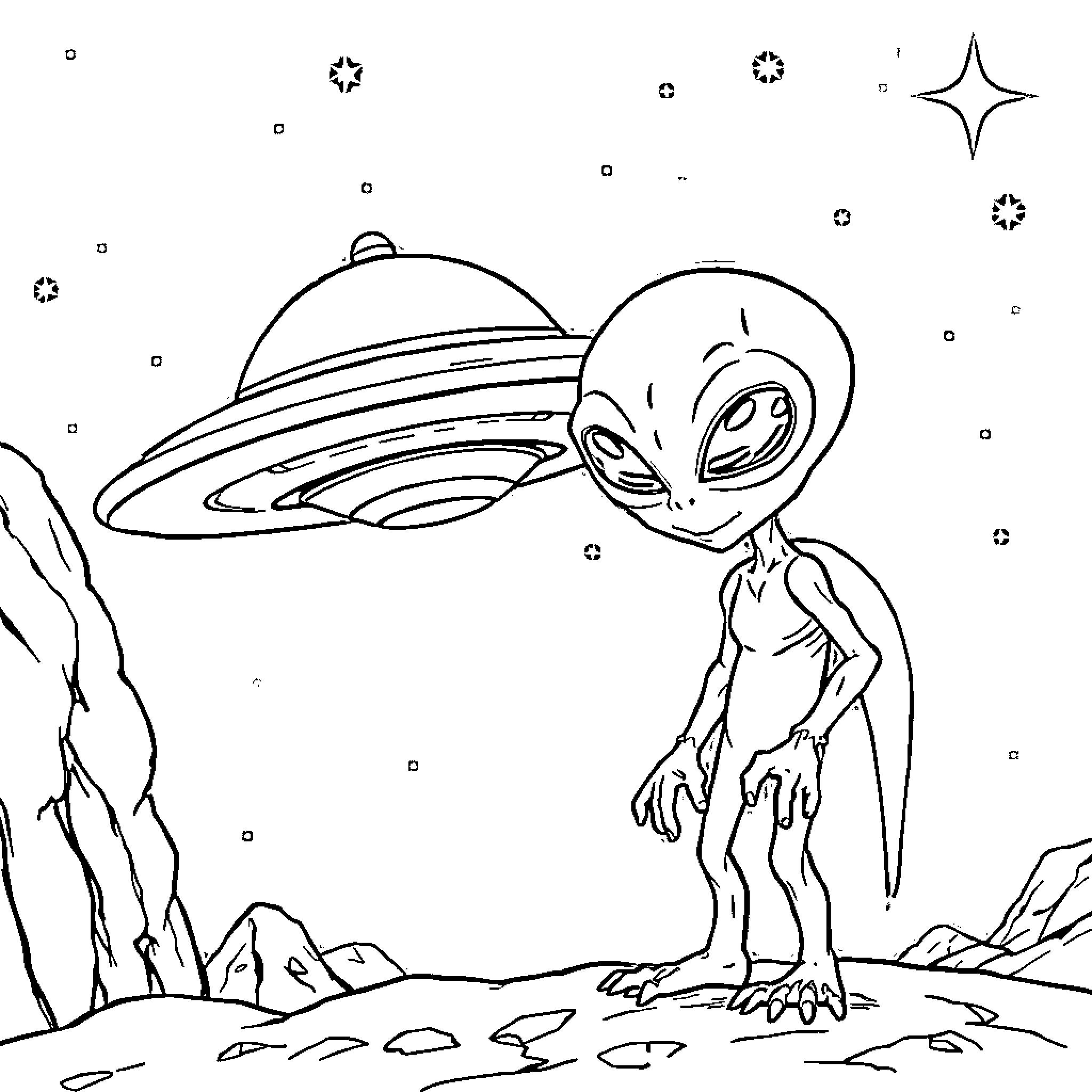 Alien Exploring Mysterious Spacecraft in the Cosmos Coloring Page (free black-and-white line drawing printable PDF for all, from beginners to advanced learners, including children, teens, adults, and seniors)