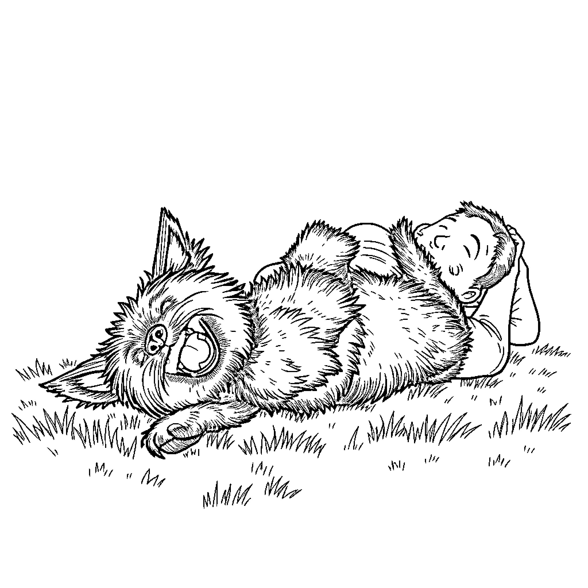 Terrier playing playfully in the grass Coloring Page (free black-and-white line drawing printable PDF for all, from beginners to advanced learners, including children, teens, adults, and seniors)