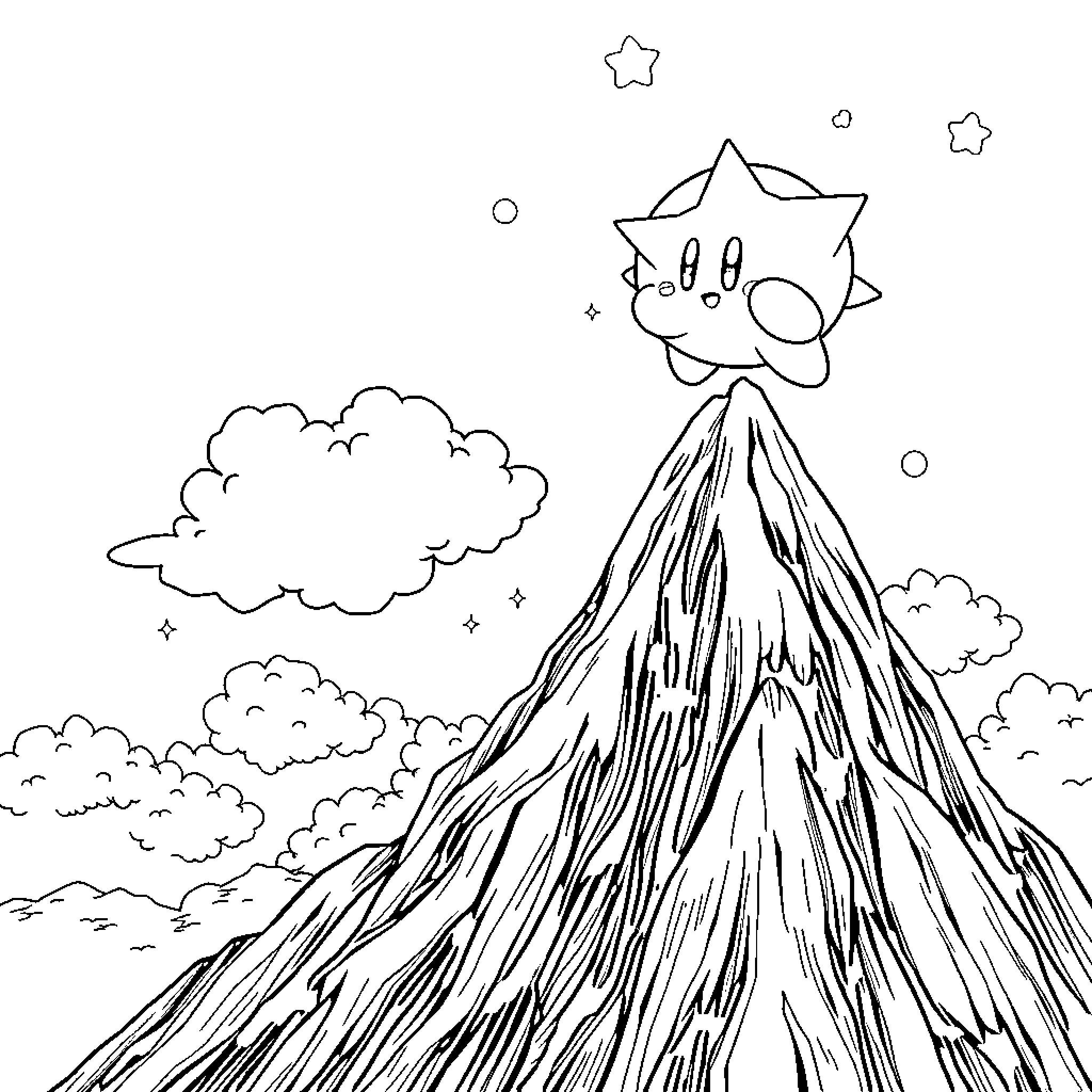 Kirby floating above a mountain landscape Coloring Page (free black-and-white line drawing printable PDF for all, from beginners to advanced learners, including children, teens, adults, and seniors)