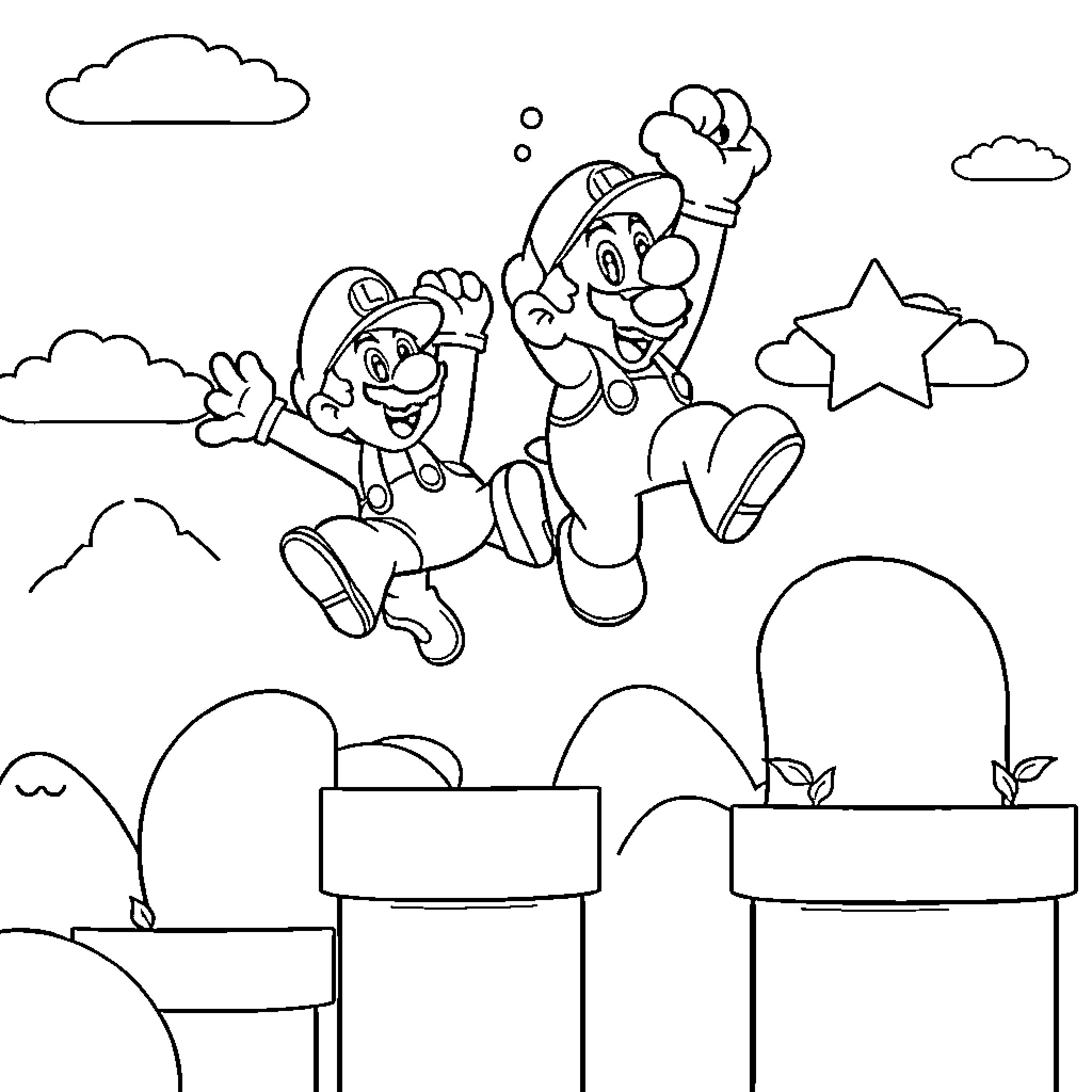 Mario Brothers jumping over obstacles in an outdoor setting Coloring Page (free black-and-white line drawing printable PDF for all, from beginners to advanced learners, including children, teens, adults, and seniors)
