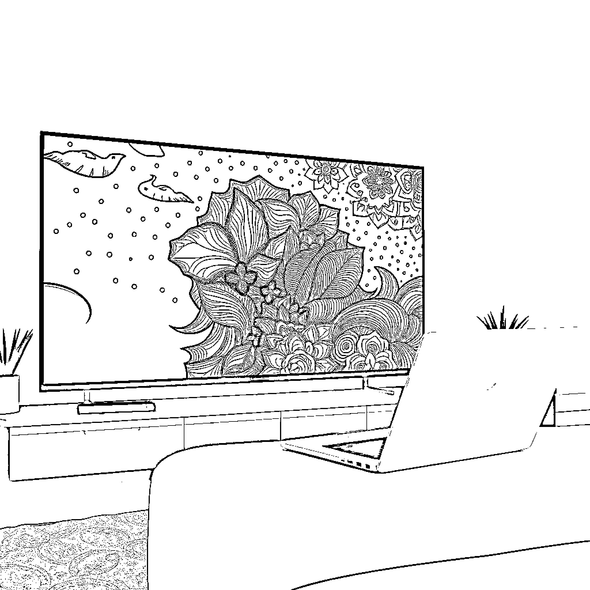 HP Chromebook displaying intricate floral pattern Coloring Page (free black-and-white line drawing printable PDF for all, from beginners to advanced learners, including children, teens, adults, and seniors)