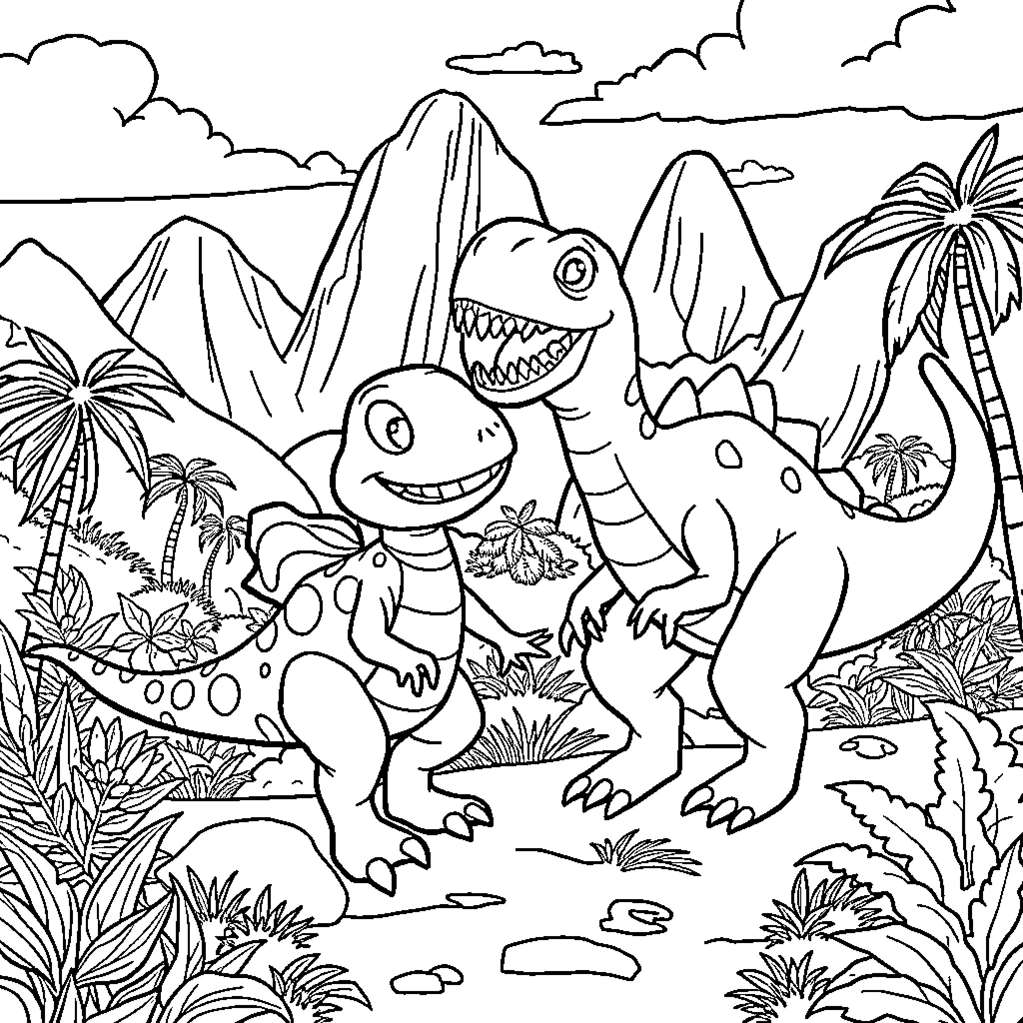 Paw Patrol style dinosaurs playing in a prehistoric jungle Coloring Page (free black-and-white line drawing printable PDF for all, from beginners to advanced learners, including children, teens, adults, and seniors)