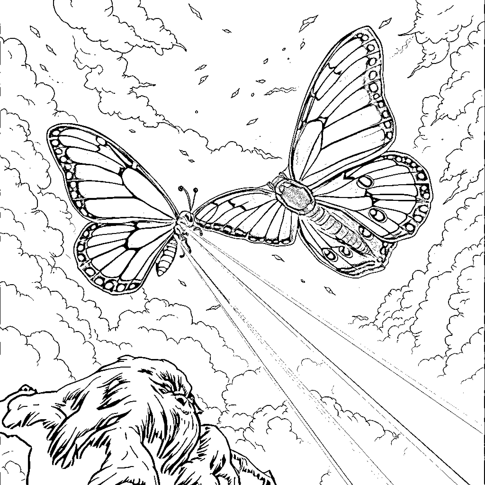 Monster Butterfly soaring through the sky Coloring Page (free black-and-white line drawing printable PDF for all, from beginners to advanced learners, including children, teens, adults, and seniors)