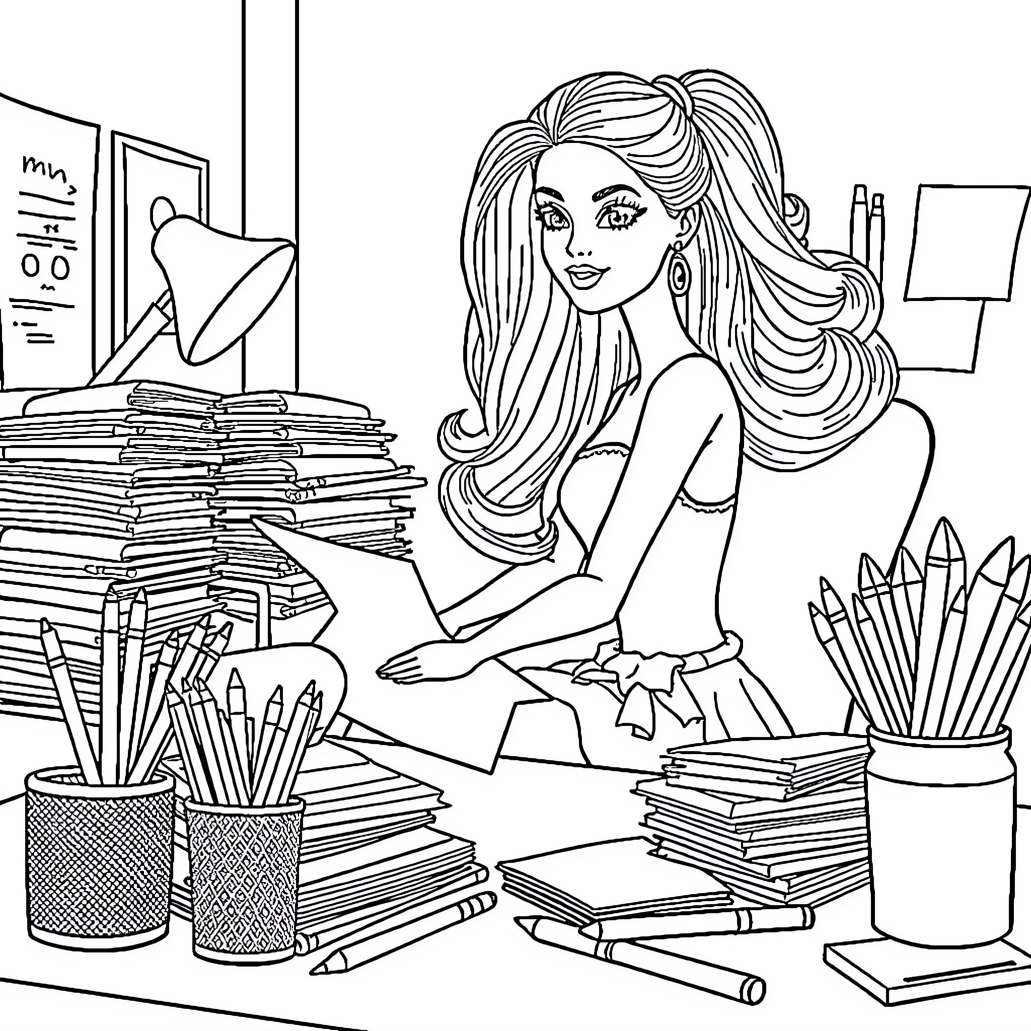 Barbie studying diligently in her home office Coloring Page (free black-and-white line drawing printable PDF for all, from beginners to advanced learners, including children, teens, adults, and seniors)