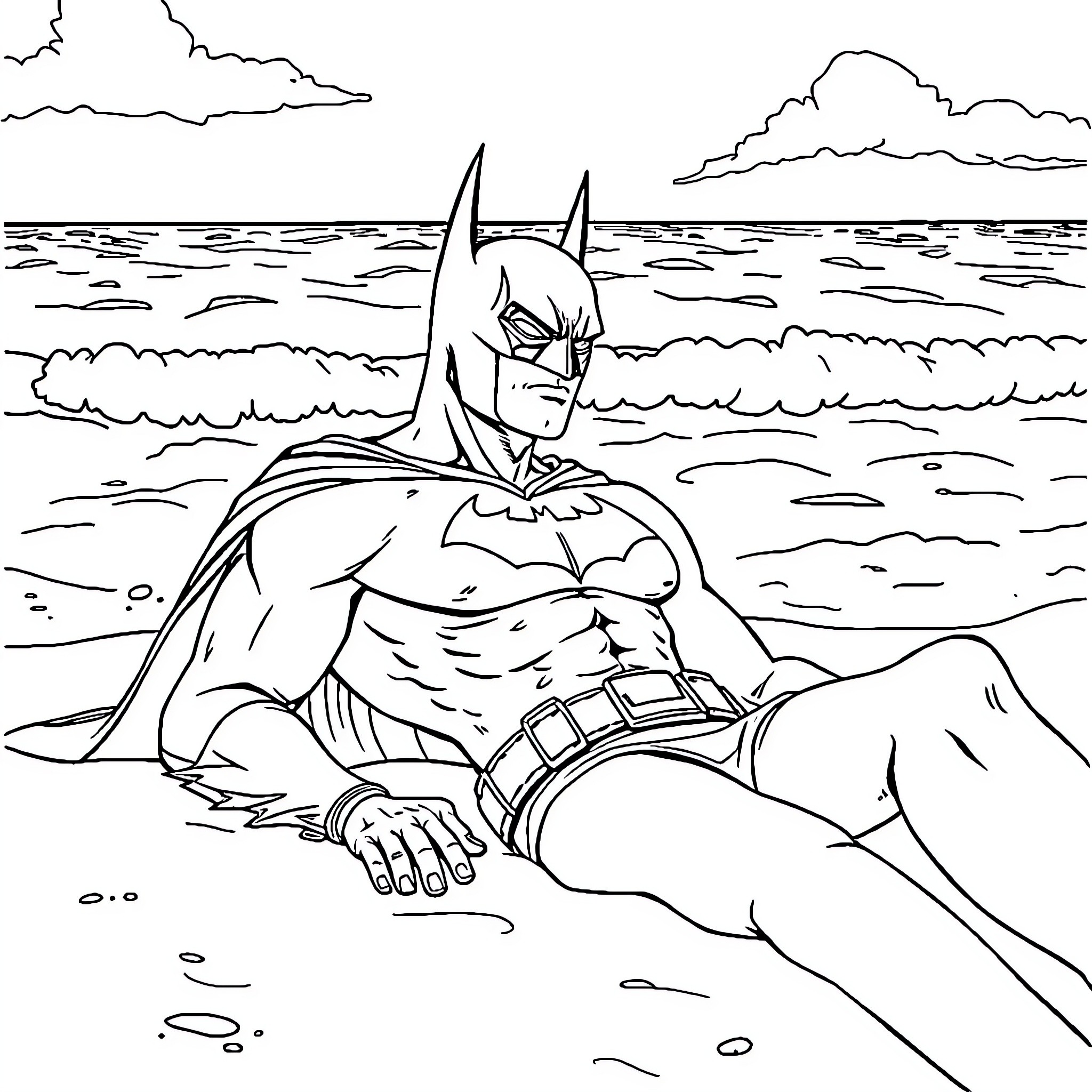 Batman sitting on the beach observing the sea Coloring Page (free black-and-white line drawing printable PDF for all, from beginners to advanced learners, including children, teens, adults, and seniors)
