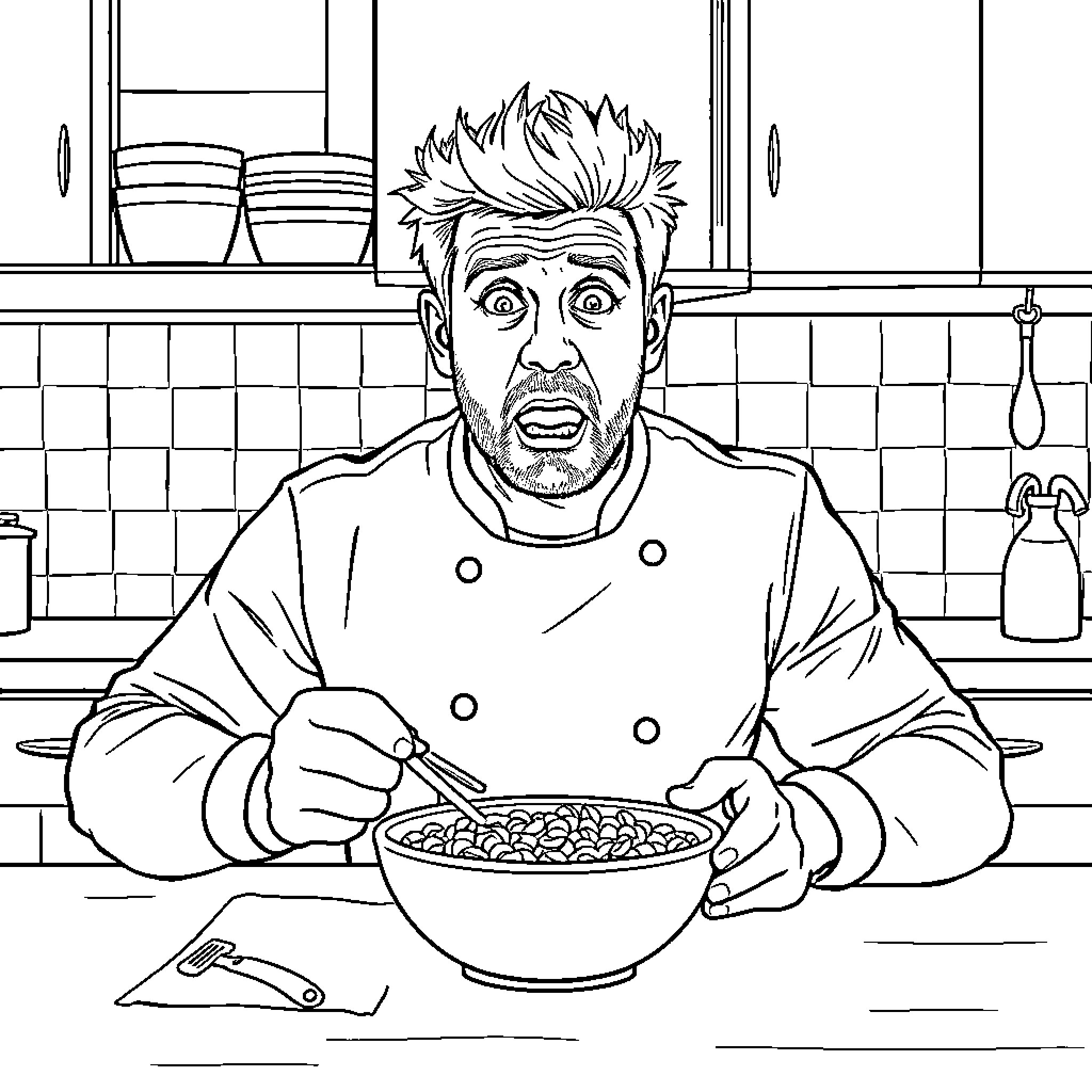 Gordon Ramsay's Frustrated Culinary Endeavor Coloring Page (free black-and-white line drawing printable PDF for all, from beginners to advanced learners, including children, teens, adults, and seniors)