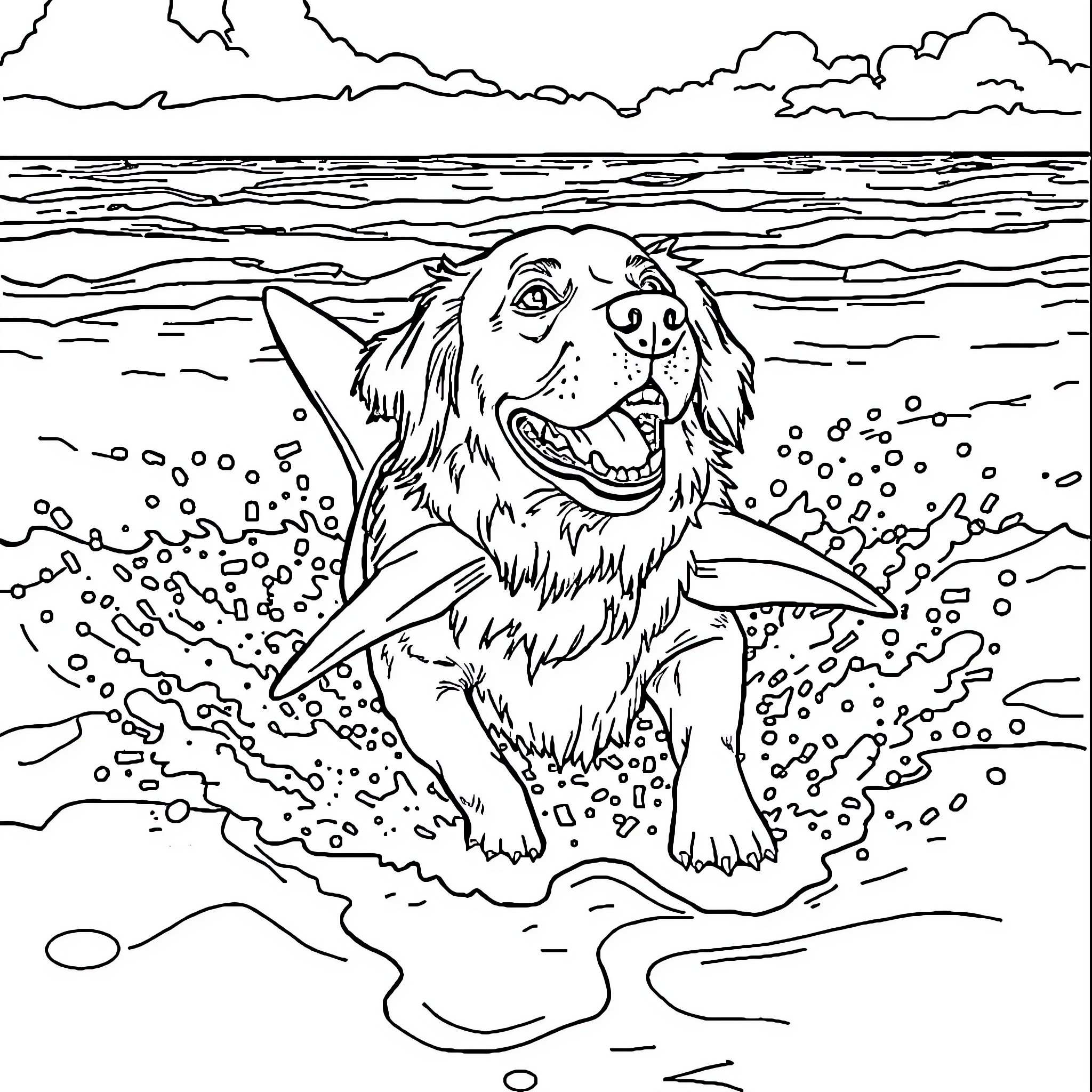 Golden Retriever playing happily in the waves Coloring Page (free black-and-white line drawing printable PDF for all, from beginners to advanced learners, including children, teens, adults, and seniors)