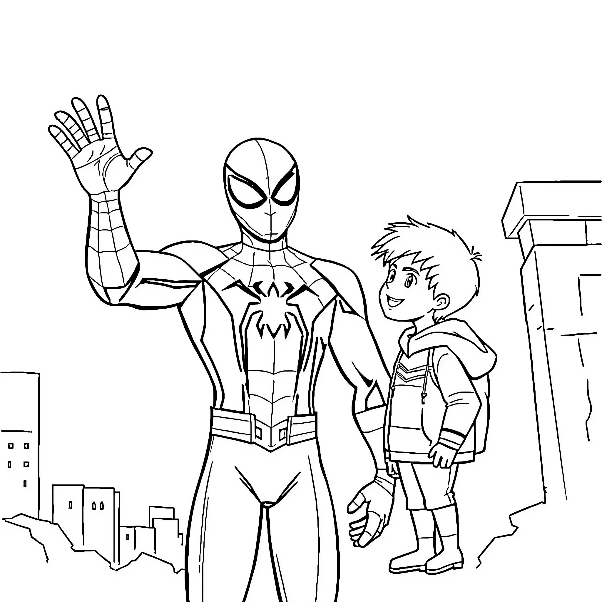 Spiderman greeting a young boy in the city Coloring Page (free black-and-white line drawing printable PDF for all, from beginners to advanced learners, including children, teens, adults, and seniors)