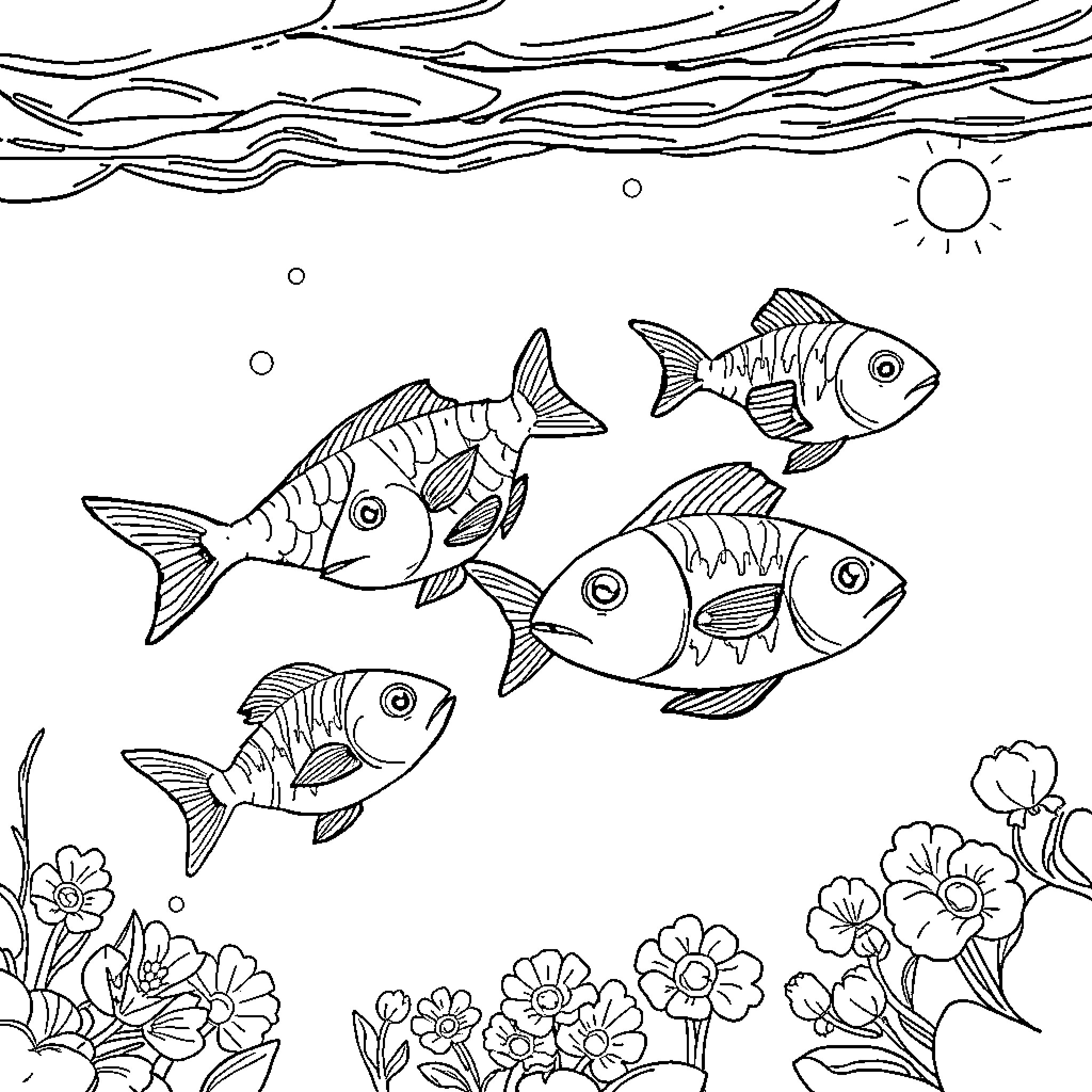 Fish Swimming in a Flowery Underwater Scene Coloring Page (free black-and-white line drawing printable PDF for all, from beginners to advanced learners, including children, teens, adults, and seniors)