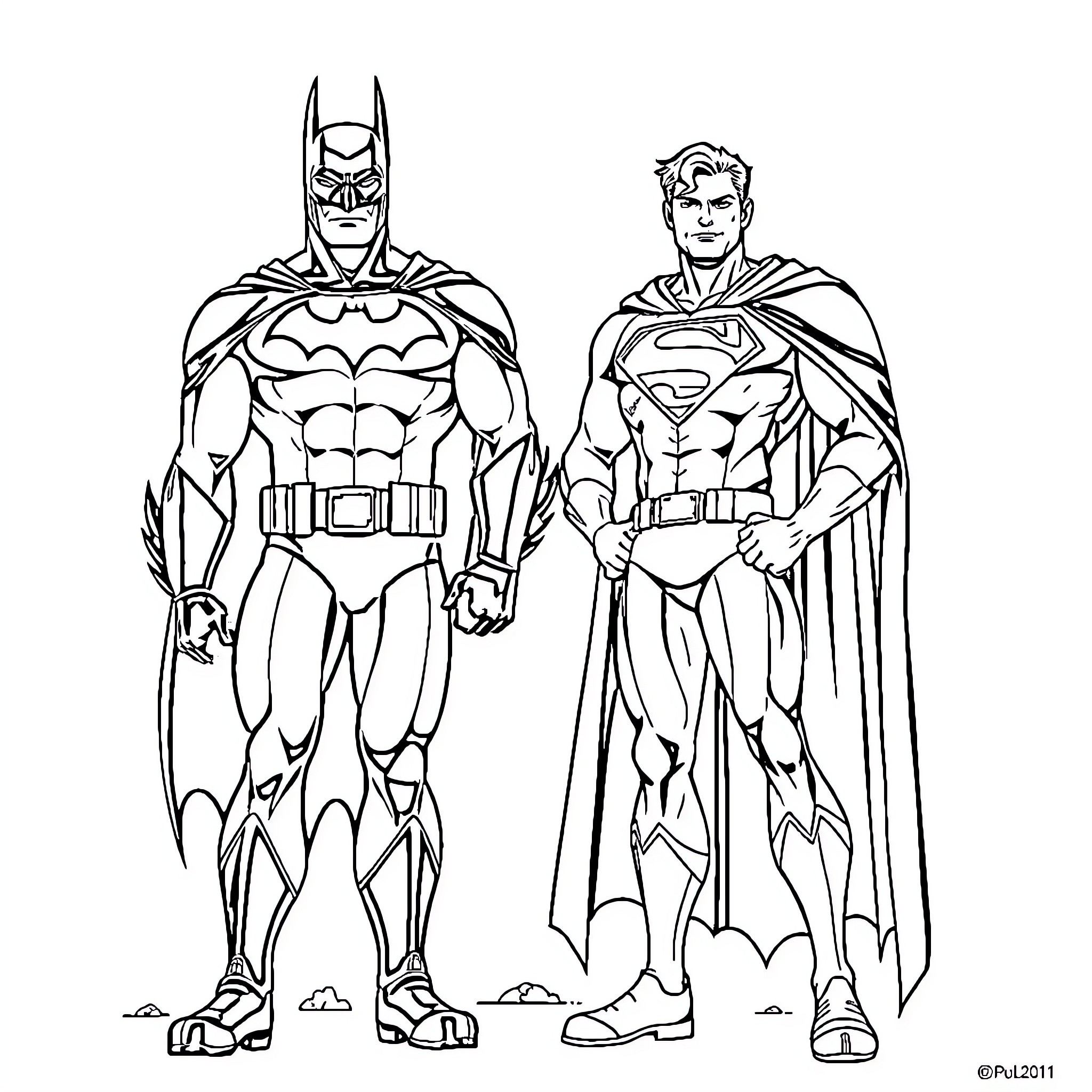 Batman and Superman in action hero poses Coloring Page (free black-and-white line drawing printable PDF for all, from beginners to advanced learners, including children, teens, adults, and seniors)