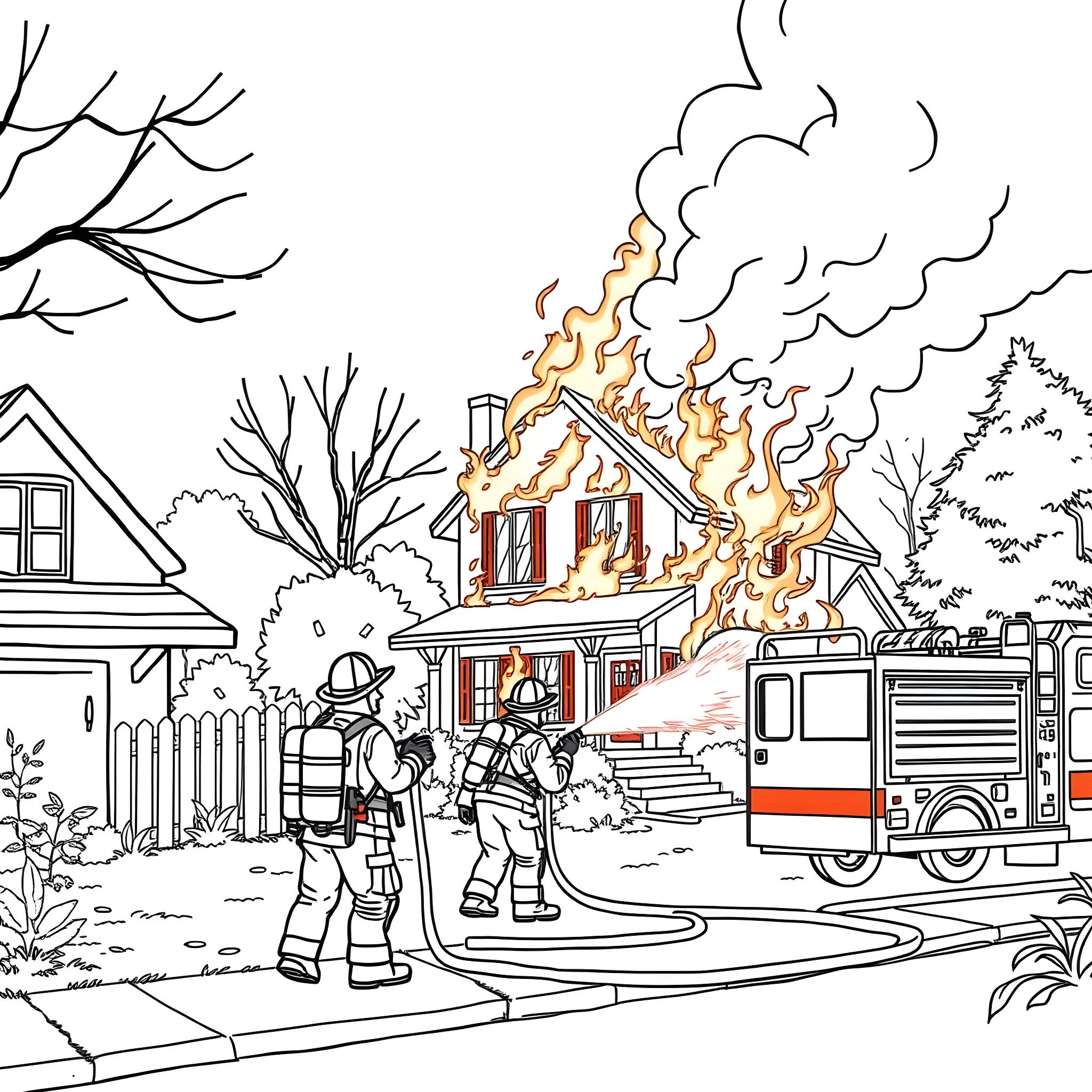 Firefighters responding to a burning house Coloring Page (free black-and-white line drawing printable PDF for all, from beginners to advanced learners, including children, teens, adults, and seniors)
