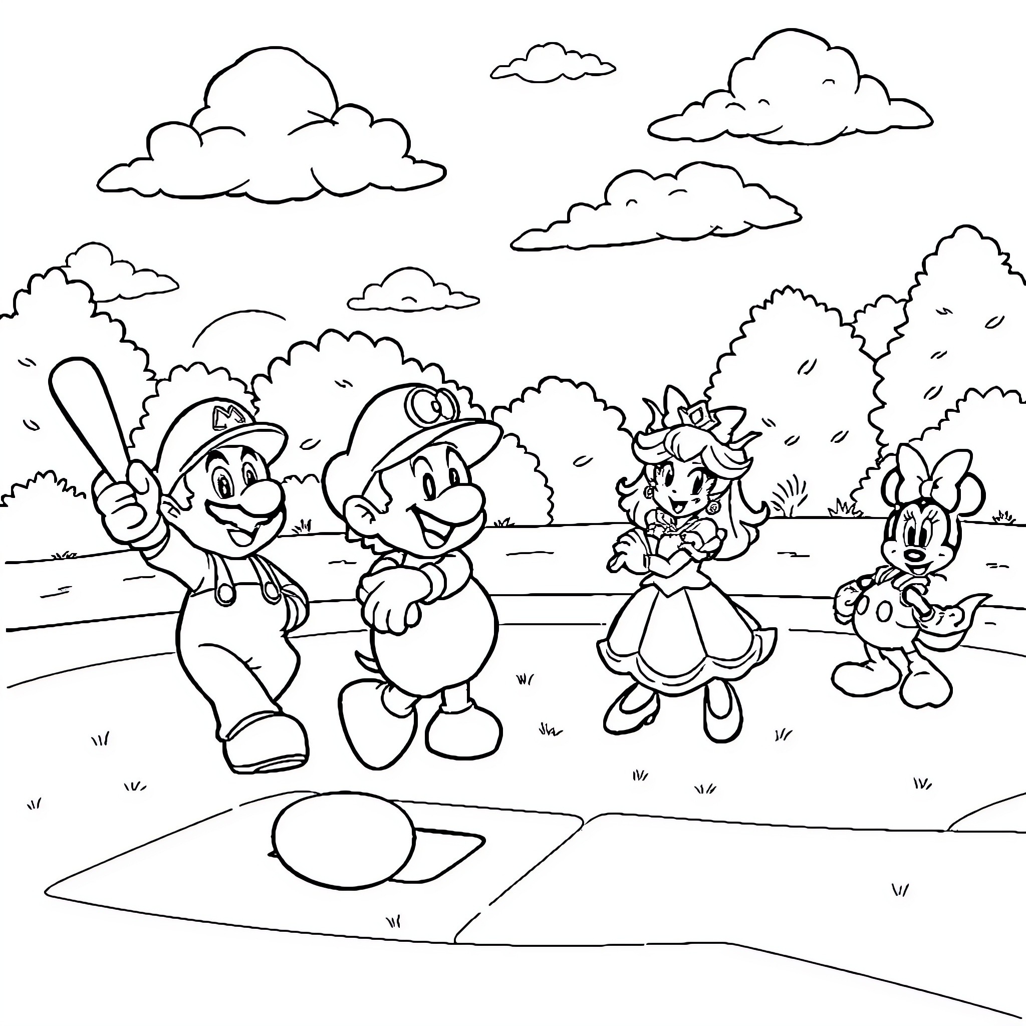 Mario and friends having fun in the park Coloring Page (free black-and-white line drawing printable PDF for all, from beginners to advanced learners, including children, teens, adults, and seniors)