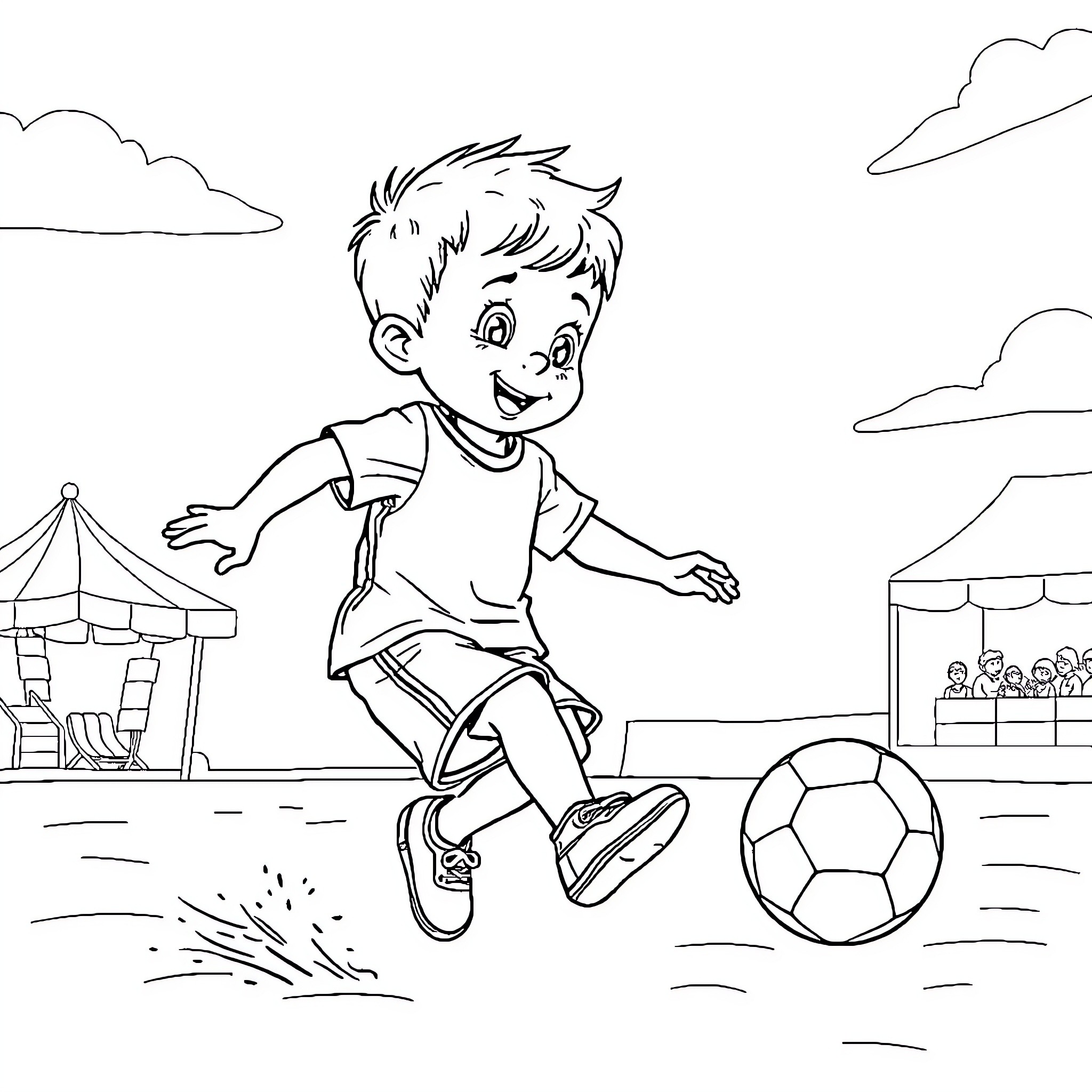 Niño playing with soccer ball at the park Coloring Page (free black-and-white line drawing printable PDF for all, from beginners to advanced learners, including children, teens, adults, and seniors)