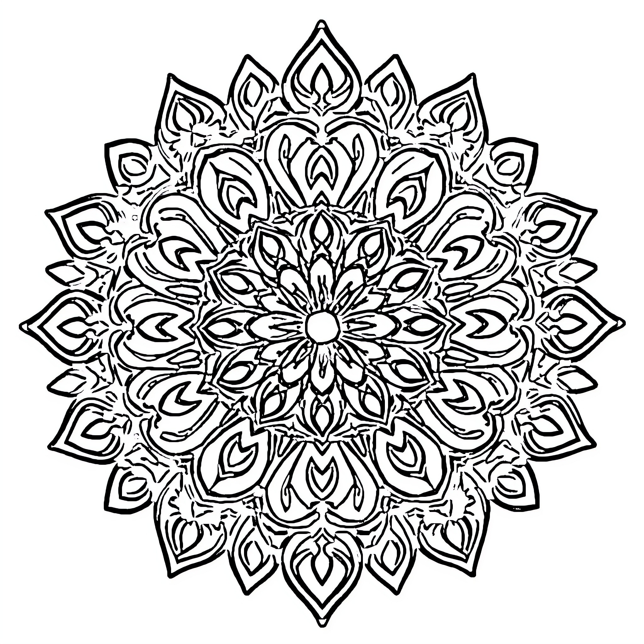 Mandala of Intricate Floral Patterns Coloring Page (free black-and-white line drawing printable PDF for all, from beginners to advanced learners, including children, teens, adults, and seniors)