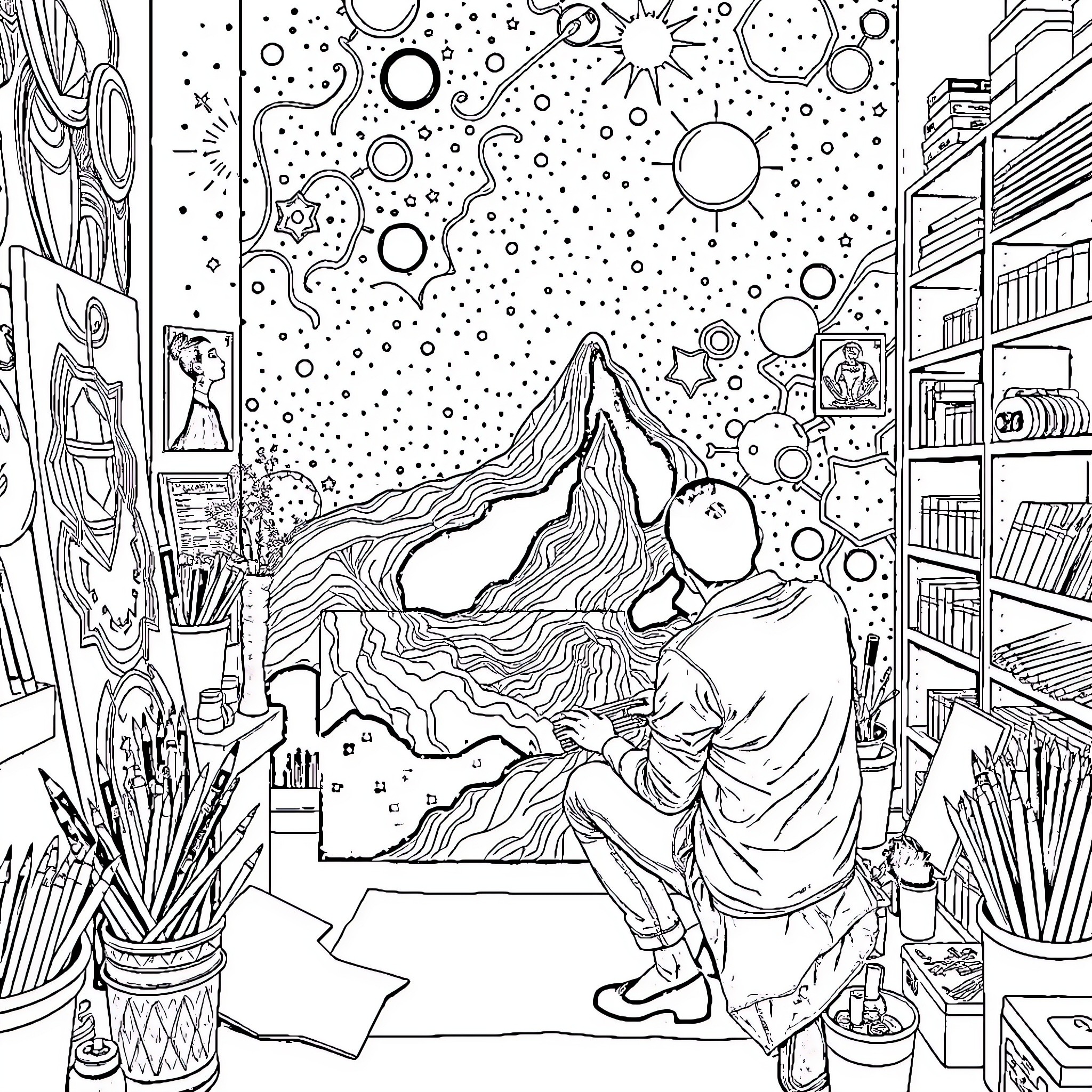 Rafayel's Cosmic Daydream Coloring Page (free black-and-white line drawing printable PDF for all, from beginners to advanced learners, including children, teens, adults, and seniors)