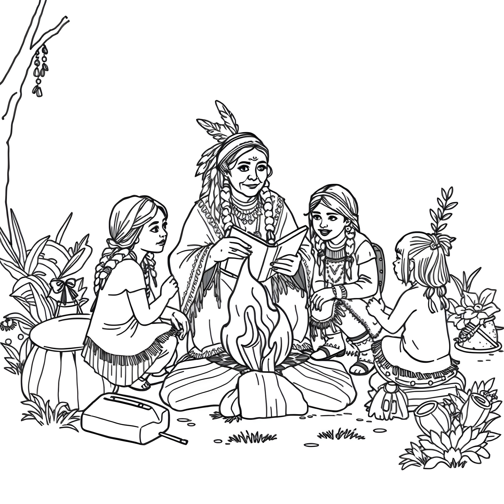 Grandmother sharing stories with her grandchildren in nature Coloring Page (free black-and-white line drawing printable PDF for all, from beginners to advanced learners, including children, teens, adults, and seniors)