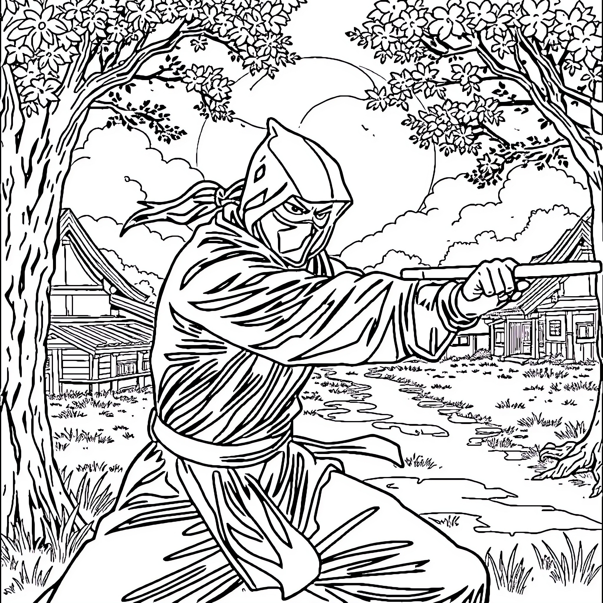 Ninja in a Serene Forest Landscape Coloring Page (free black-and-white line drawing printable PDF for all, from beginners to advanced learners, including children, teens, adults, and seniors)