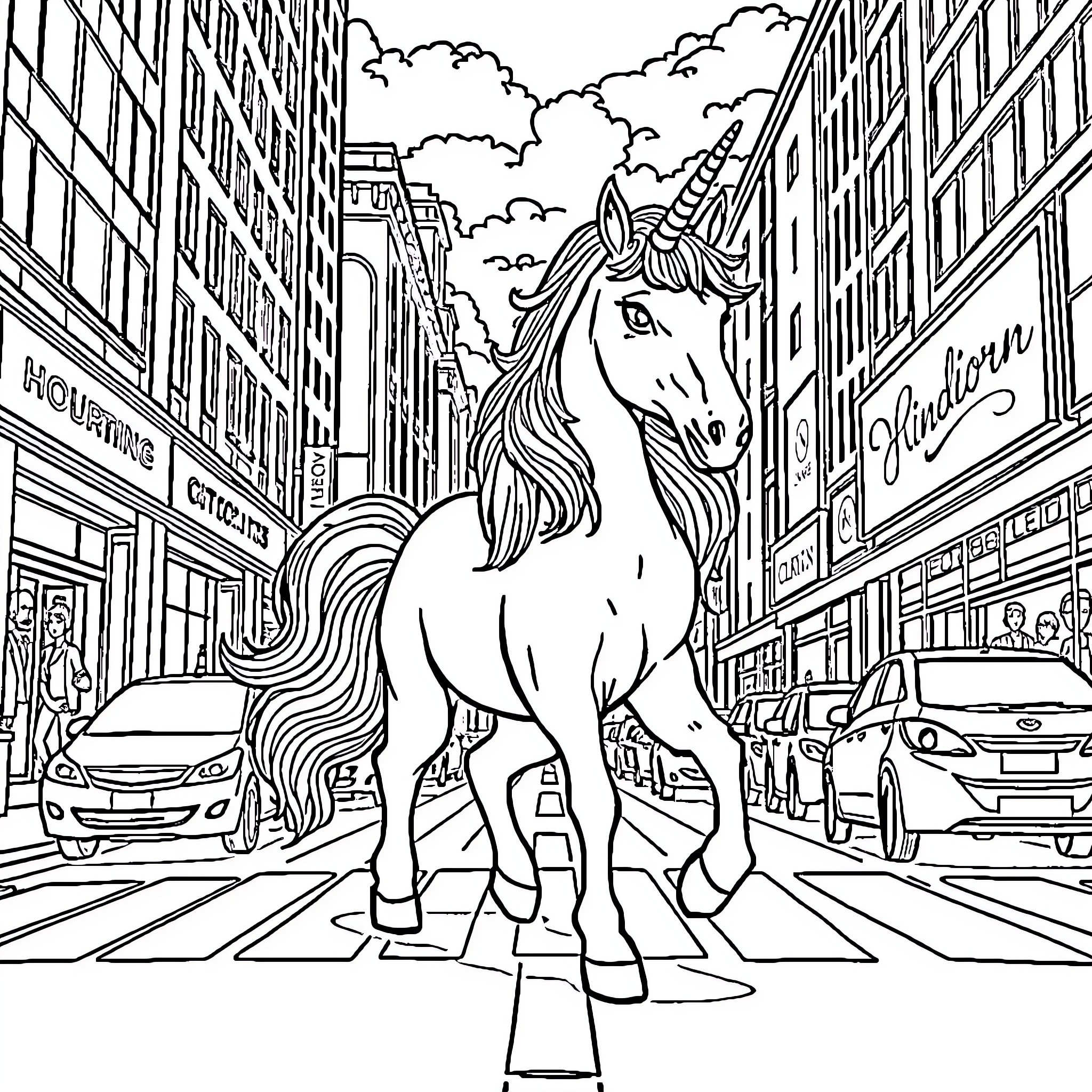 Unicorn strolling through the city streets Coloring Page (free black-and-white line drawing printable PDF for all, from beginners to advanced learners, including children, teens, adults, and seniors)