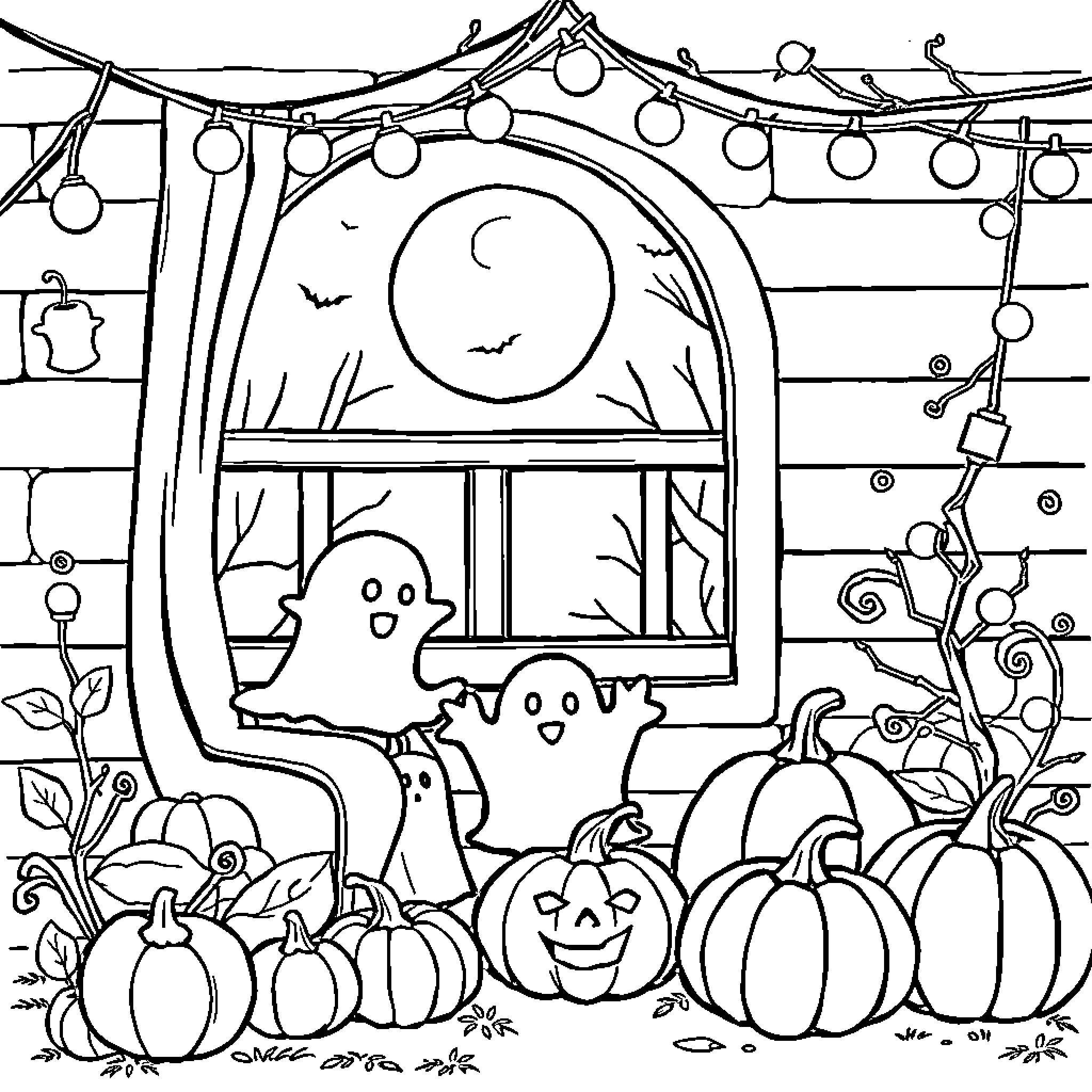 Halloween night scene with spooky decor and pumpkins Coloring Page (free black-and-white line drawing printable PDF for all, from beginners to advanced learners, including children, teens, adults, and seniors)