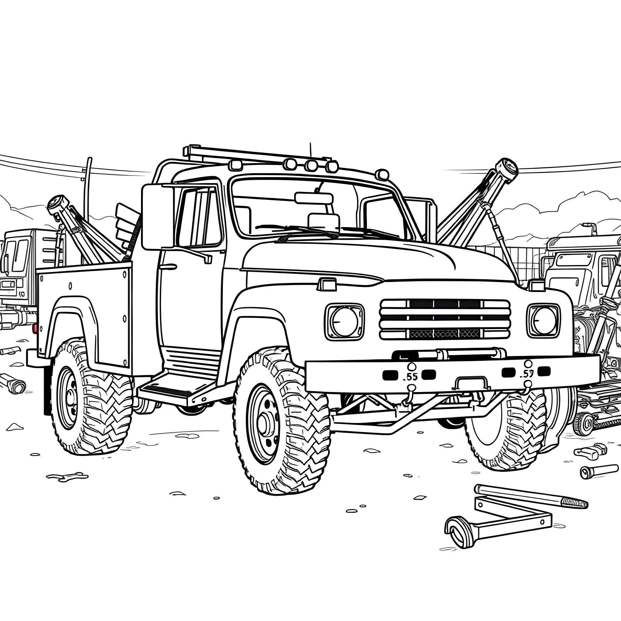 Wrecker Truck in Action Scene Coloring Page (free black-and-white line drawing printable PDF for all, from beginners to advanced learners, including children, teens, adults, and seniors)