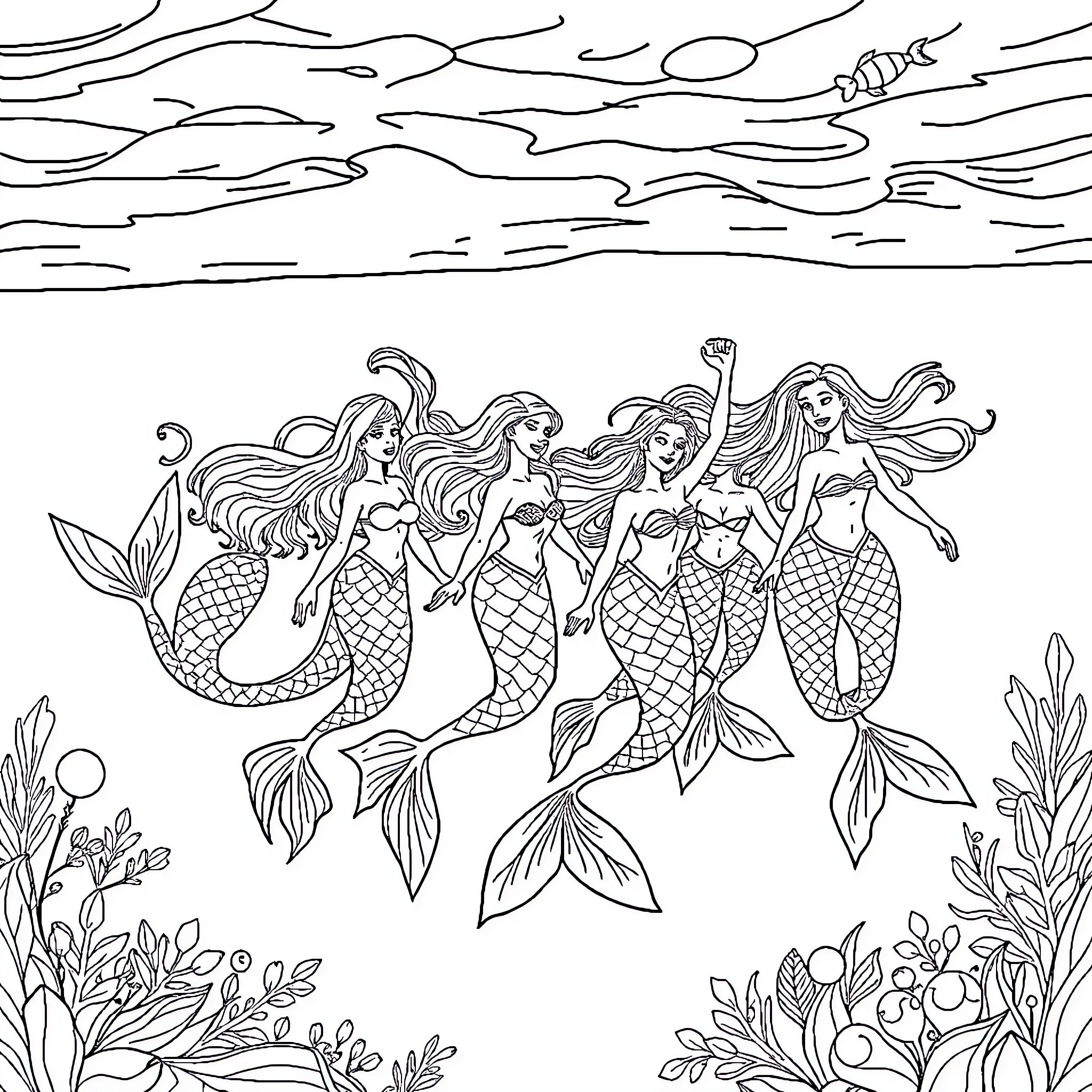 Mermaid friends enjoying the underwater world Coloring Page (free black-and-white line drawing printable PDF for all, from beginners to advanced learners, including children, teens, adults, and seniors)