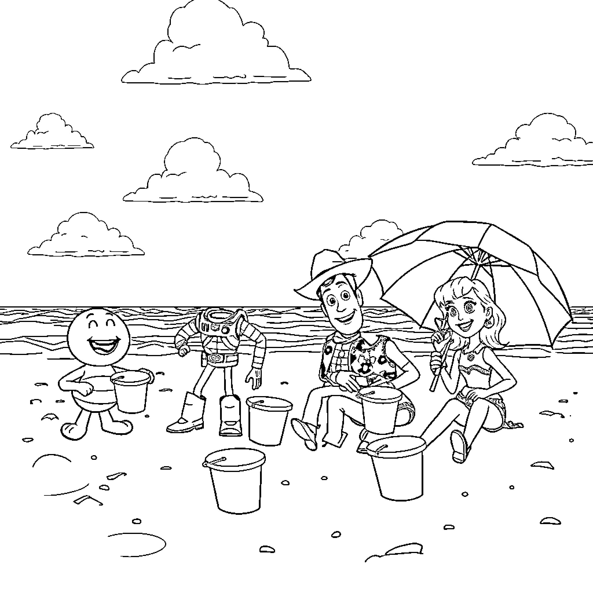 Toy Story Characters at the Beach Coloring Page (free black-and-white line drawing printable PDF for all, from beginners to advanced learners, including children, teens, adults, and seniors)