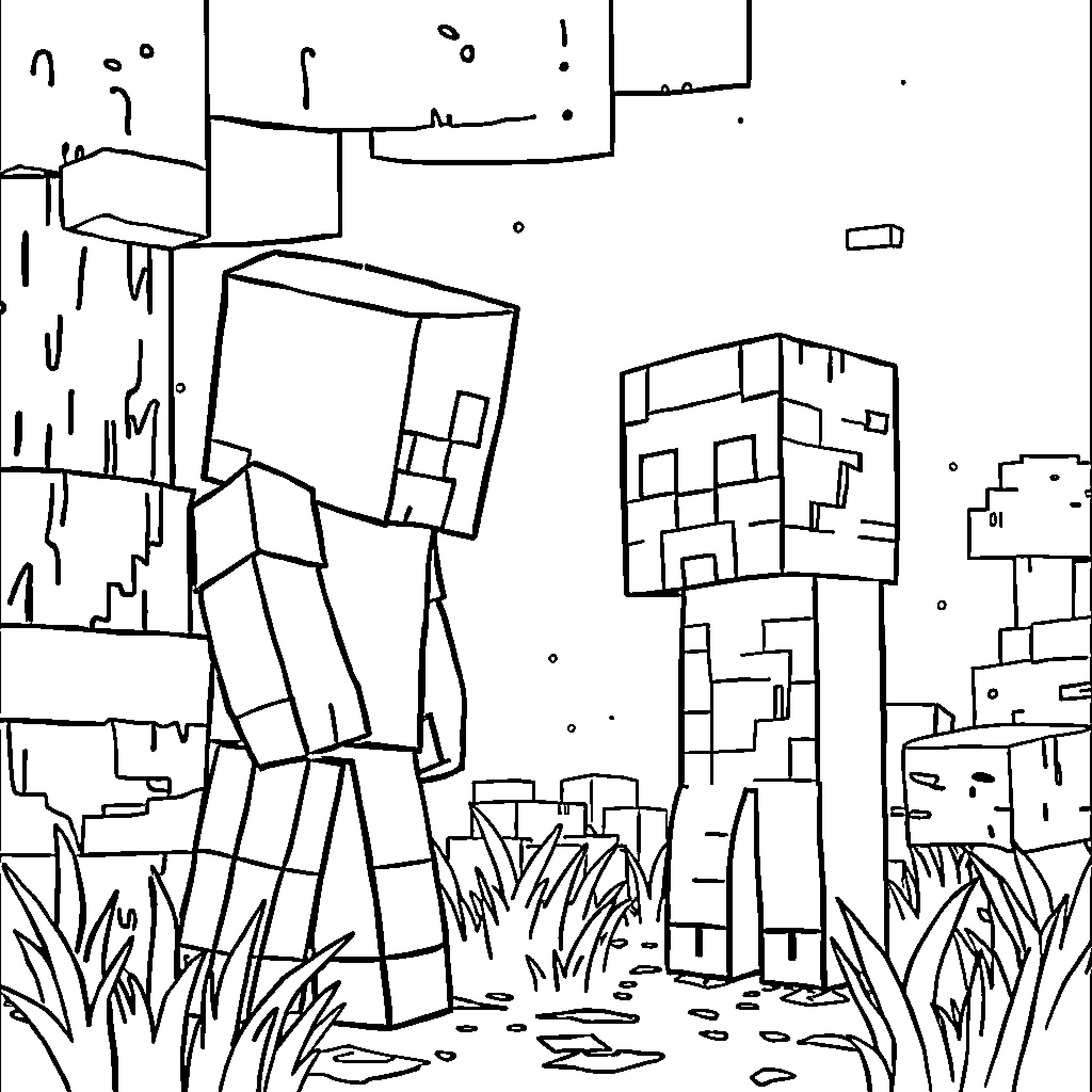 Minecraft characters in a fantasy landscape Coloring Page (free black-and-white line drawing printable PDF for all, from beginners to advanced learners, including children, teens, adults, and seniors)