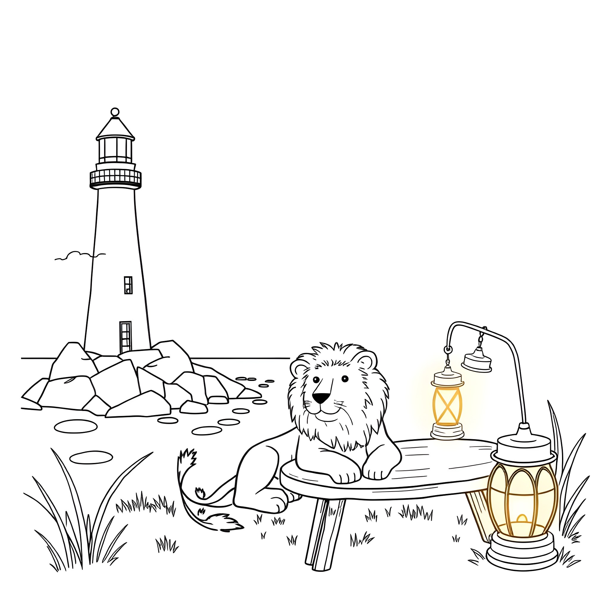 Lighthouse and lively lion in lantern-lit landscape Coloring Page (free black-and-white line drawing printable PDF for all, from beginners to advanced learners, including children, teens, adults, and seniors)