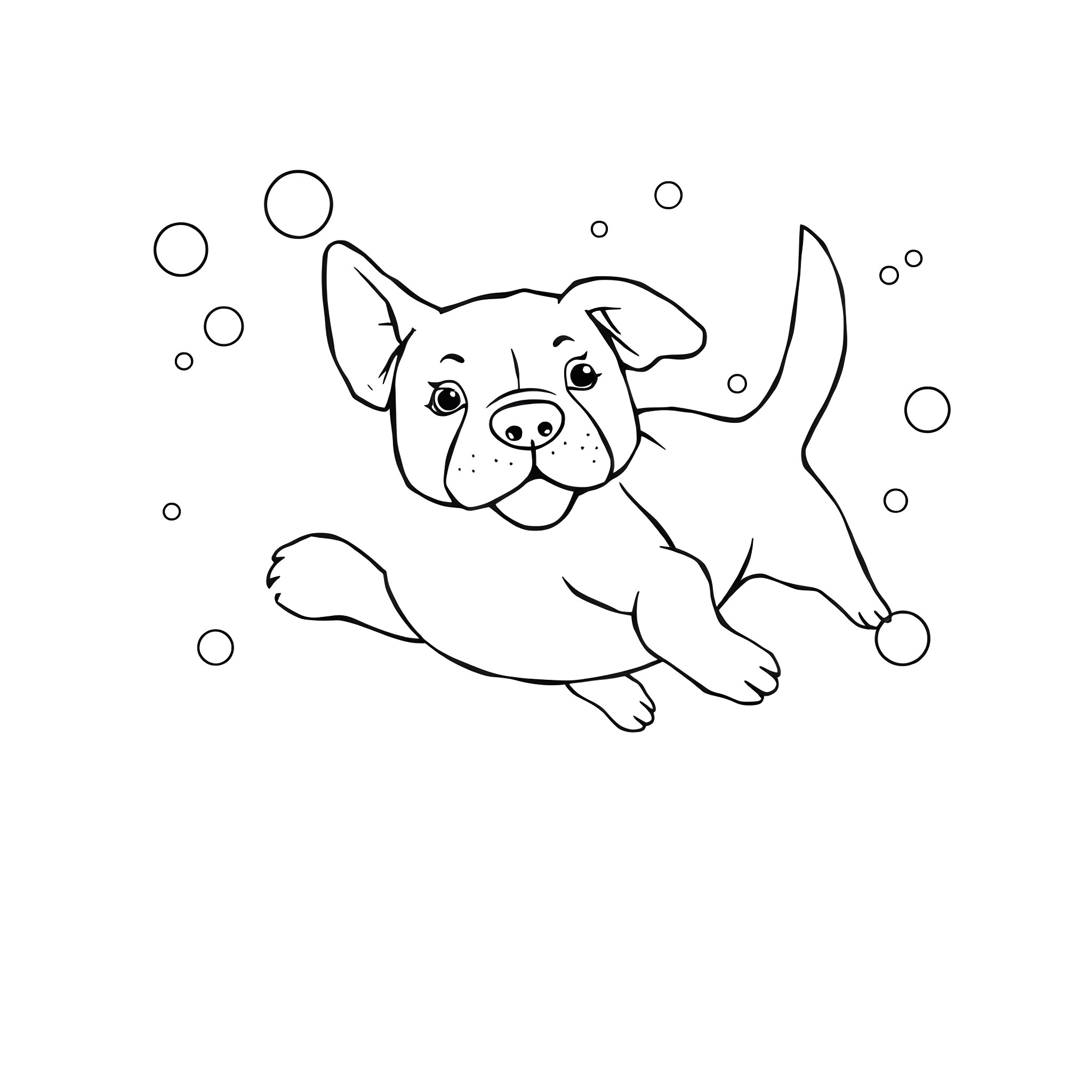 Dog playing joyfully with bubbles Coloring Page (free black-and-white line drawing printable PDF for all, from beginners to advanced learners, including children, teens, adults, and seniors)