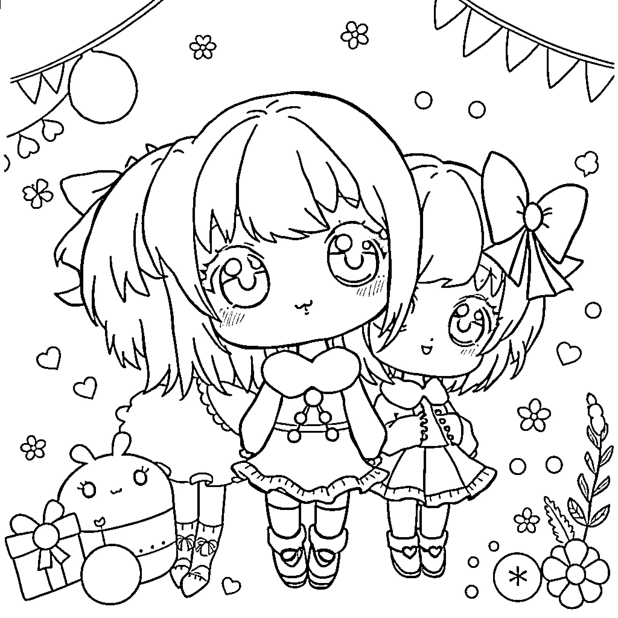 Girl playing happily with toys in a festive scene Coloring Page (free black-and-white line drawing printable PDF for all, from beginners to advanced learners, including children, teens, adults, and seniors)