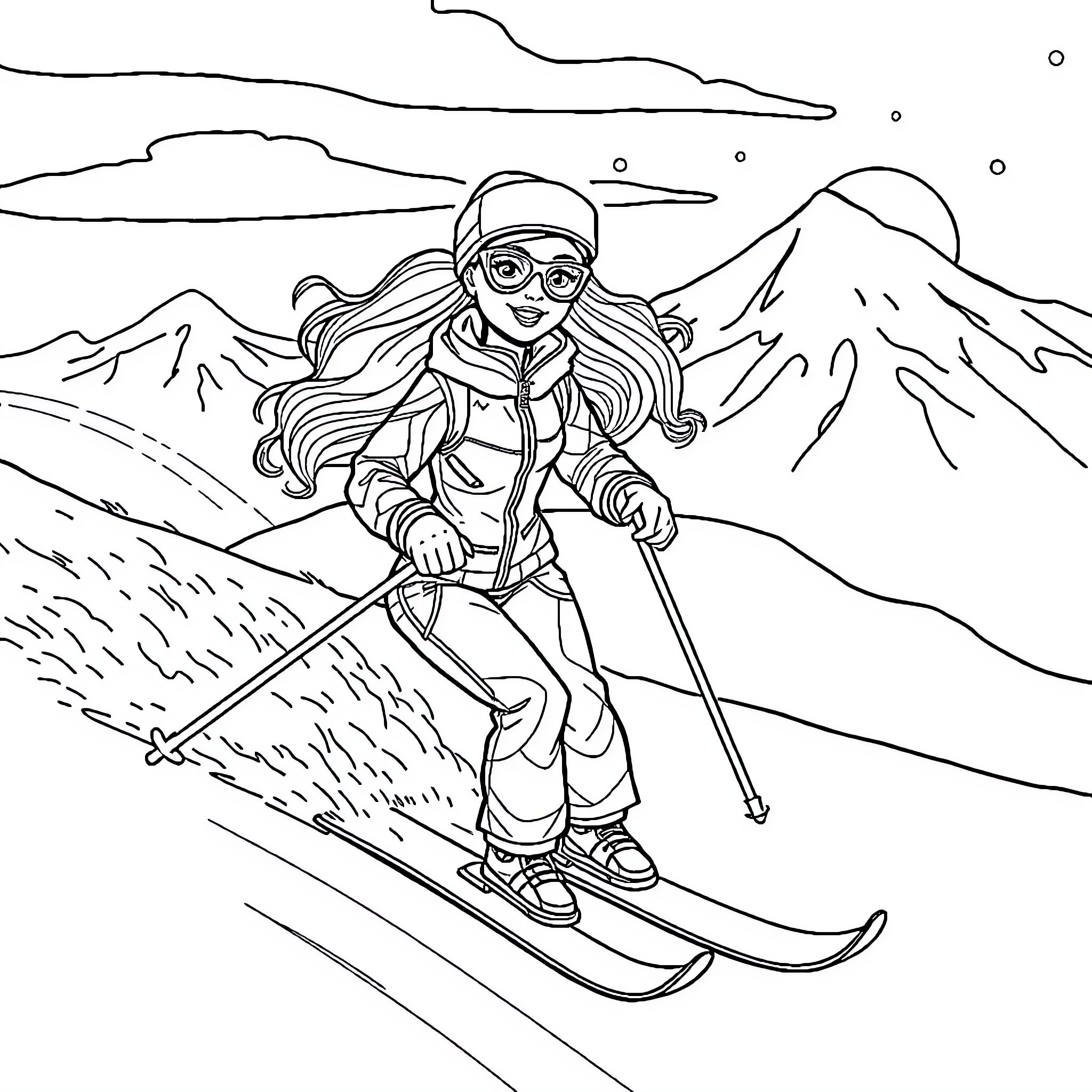 Barbie skiing down the snowy mountains Coloring Page (free black-and-white line drawing printable PDF for all, from beginners to advanced learners, including children, teens, adults, and seniors)