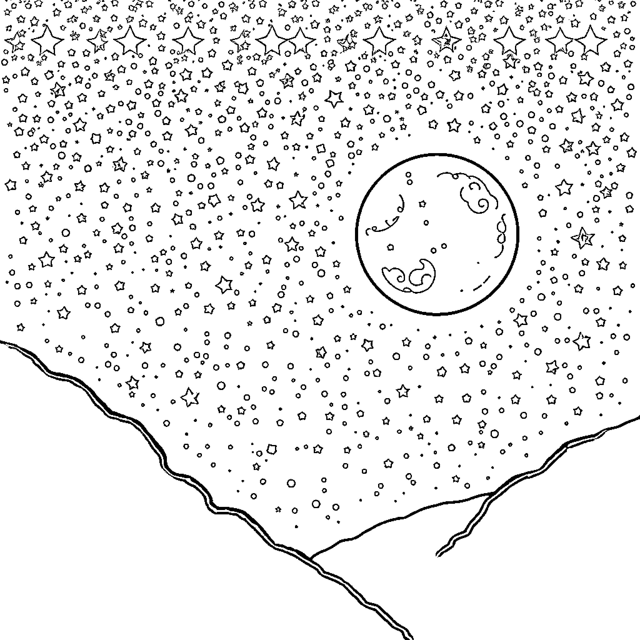 Star-filled Cosmic Landscape Coloring Page (free black-and-white line drawing printable PDF for all, from beginners to advanced learners, including children, teens, adults, and seniors)