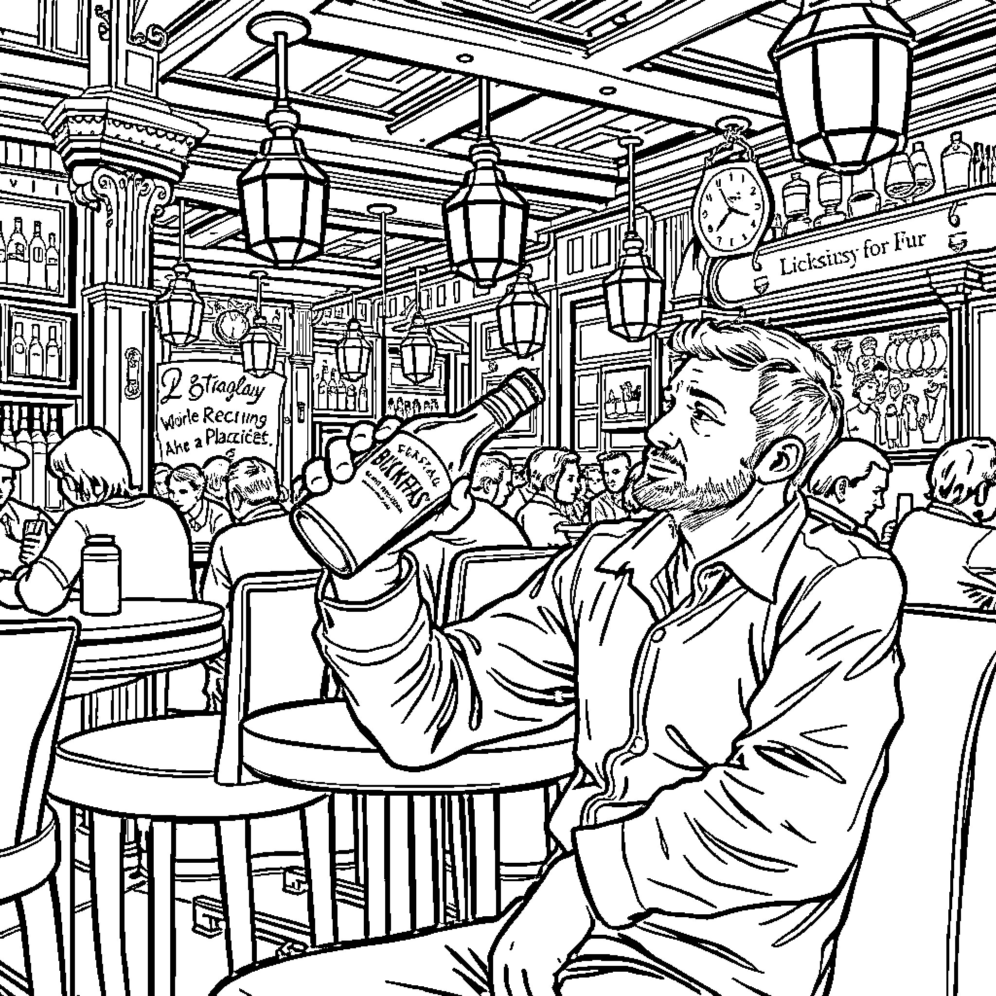 Man Enjoying a Drink in a Lively Bar Coloring Page (free black-and-white line drawing printable PDF for all, from beginners to advanced learners, including children, teens, adults, and seniors)