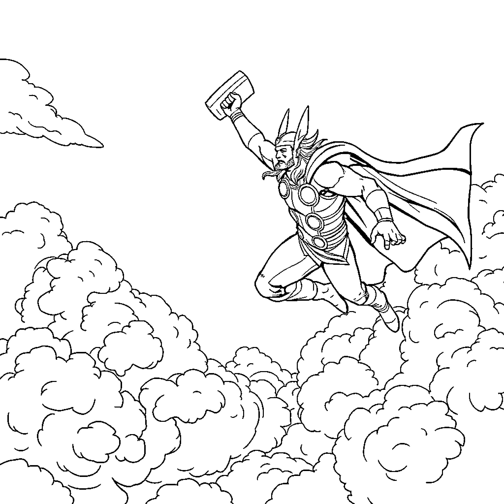 Thor in Heroic Action Amid Clouds Coloring Page (free black-and-white line drawing printable PDF for all, from beginners to advanced learners, including children, teens, adults, and seniors)