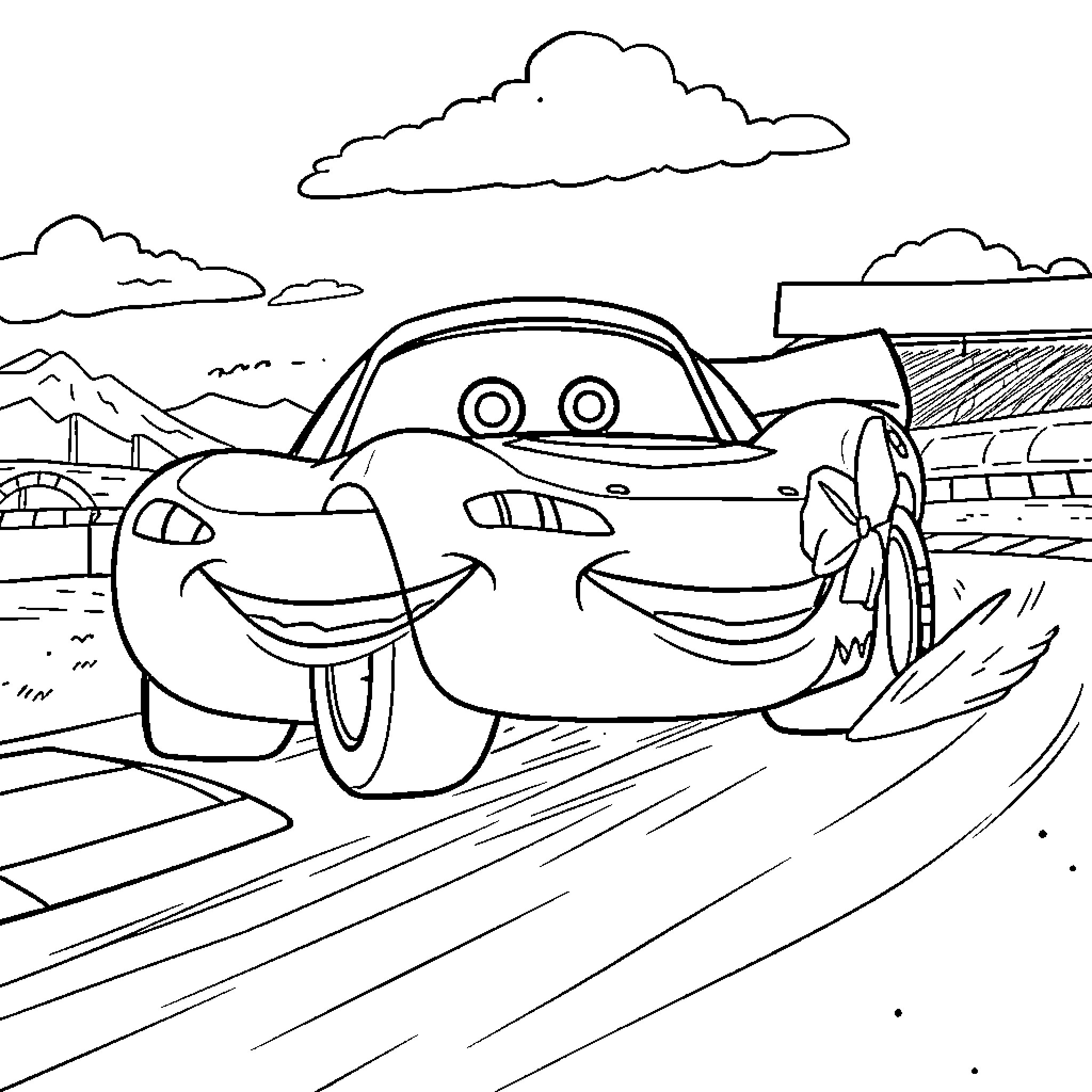 Rayo McQueen having an adventure on the road Coloring Page (free black-and-white line drawing printable PDF for all, from beginners to advanced learners, including children, teens, adults, and seniors)