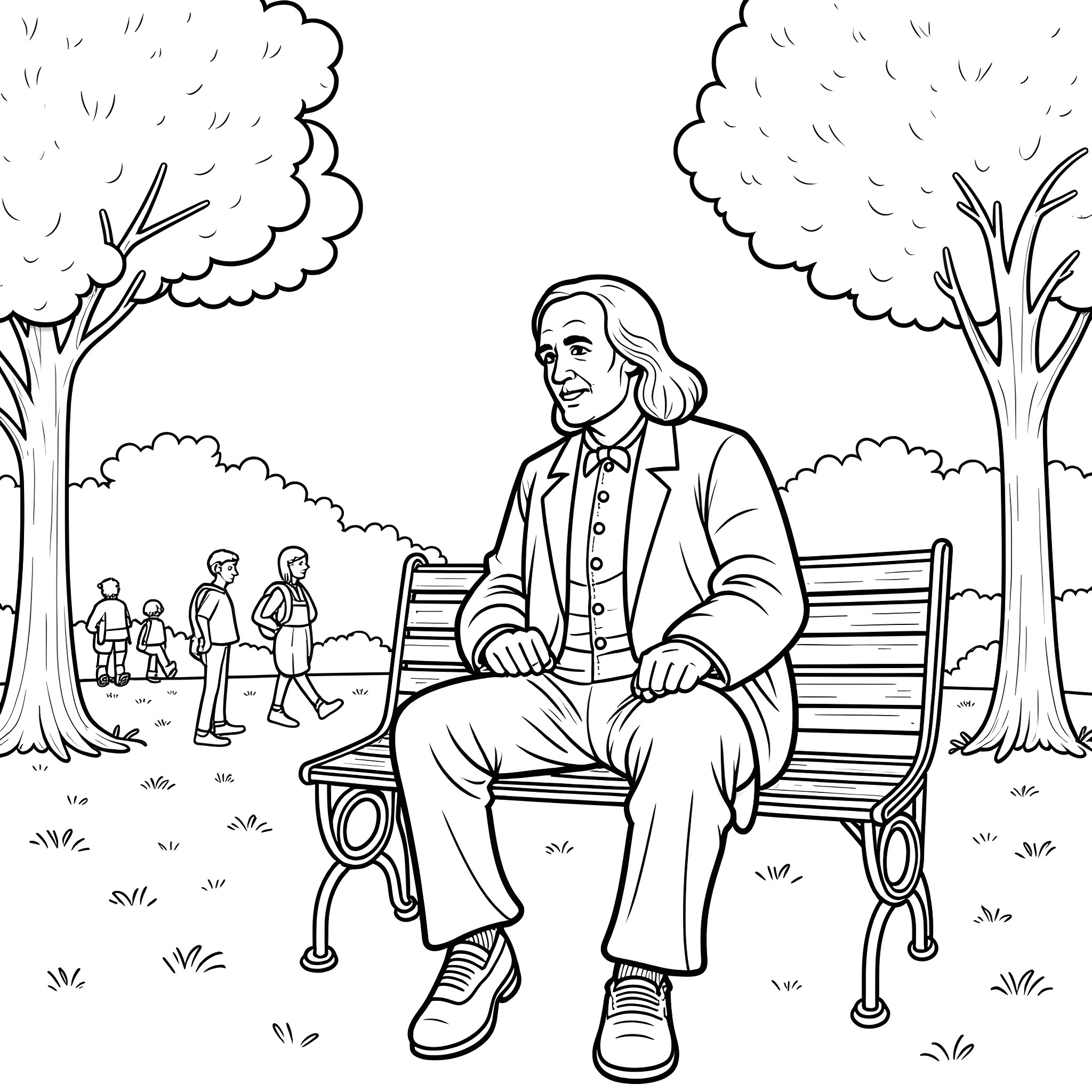 Ben Franklin relaxing on a park bench Coloring Page (free black-and-white line drawing printable PDF for all, from beginners to advanced learners, including children, teens, adults, and seniors)