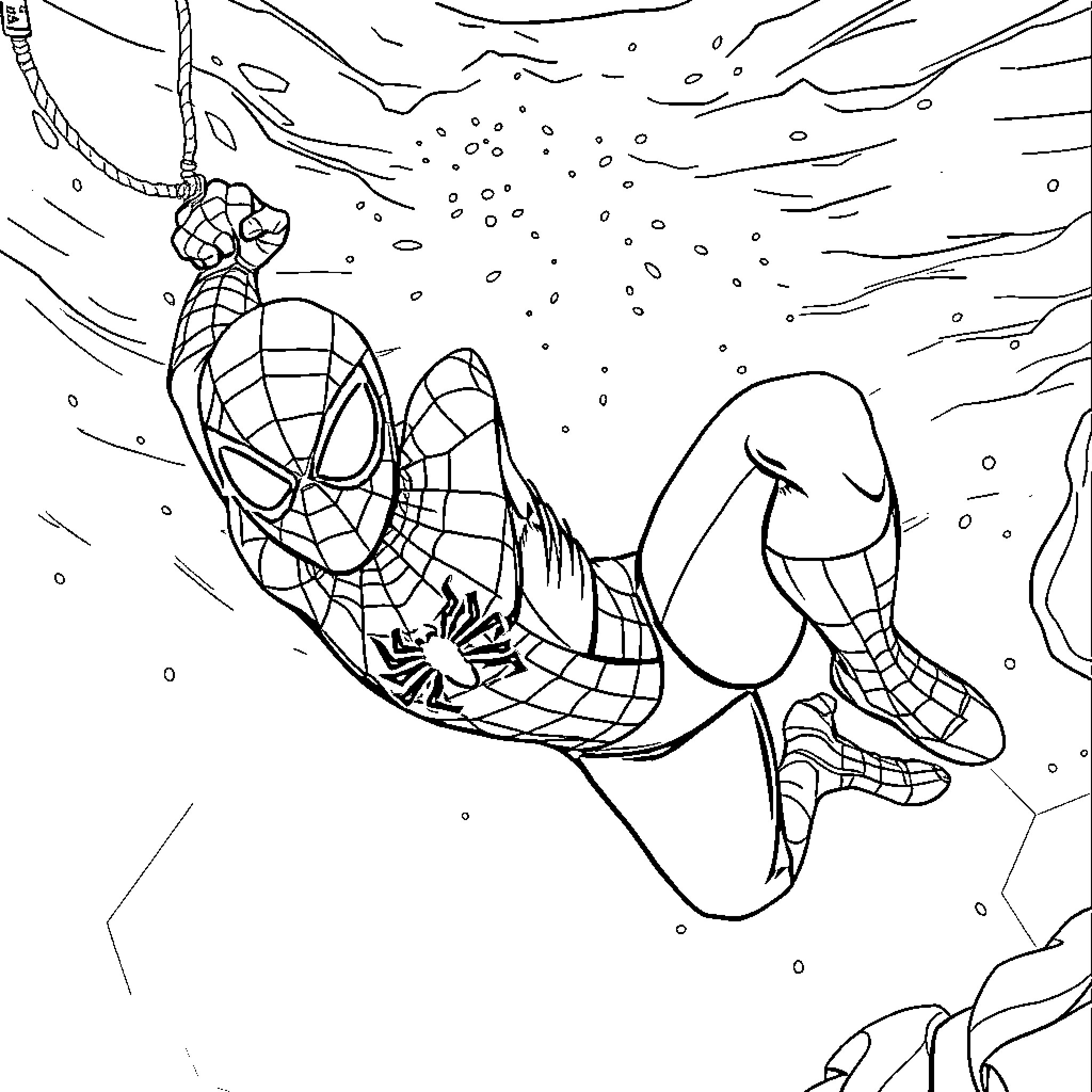 Spiderman swinging through the city skyline Coloring Page (free black-and-white line drawing printable PDF for all, from beginners to advanced learners, including children, teens, adults, and seniors)