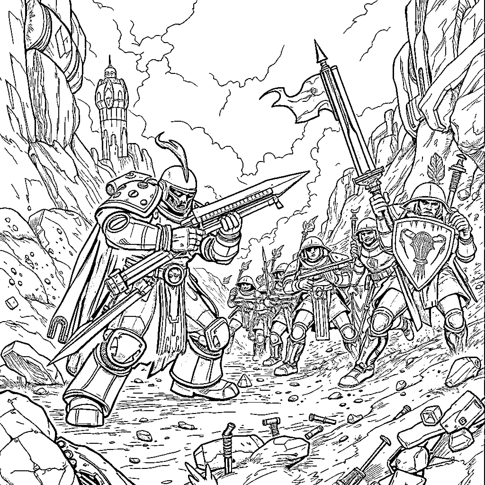 Chaos Space Marine Battle Amid Ruins Coloring Page (free black-and-white line drawing printable PDF for all, from beginners to advanced learners, including children, teens, adults, and seniors)