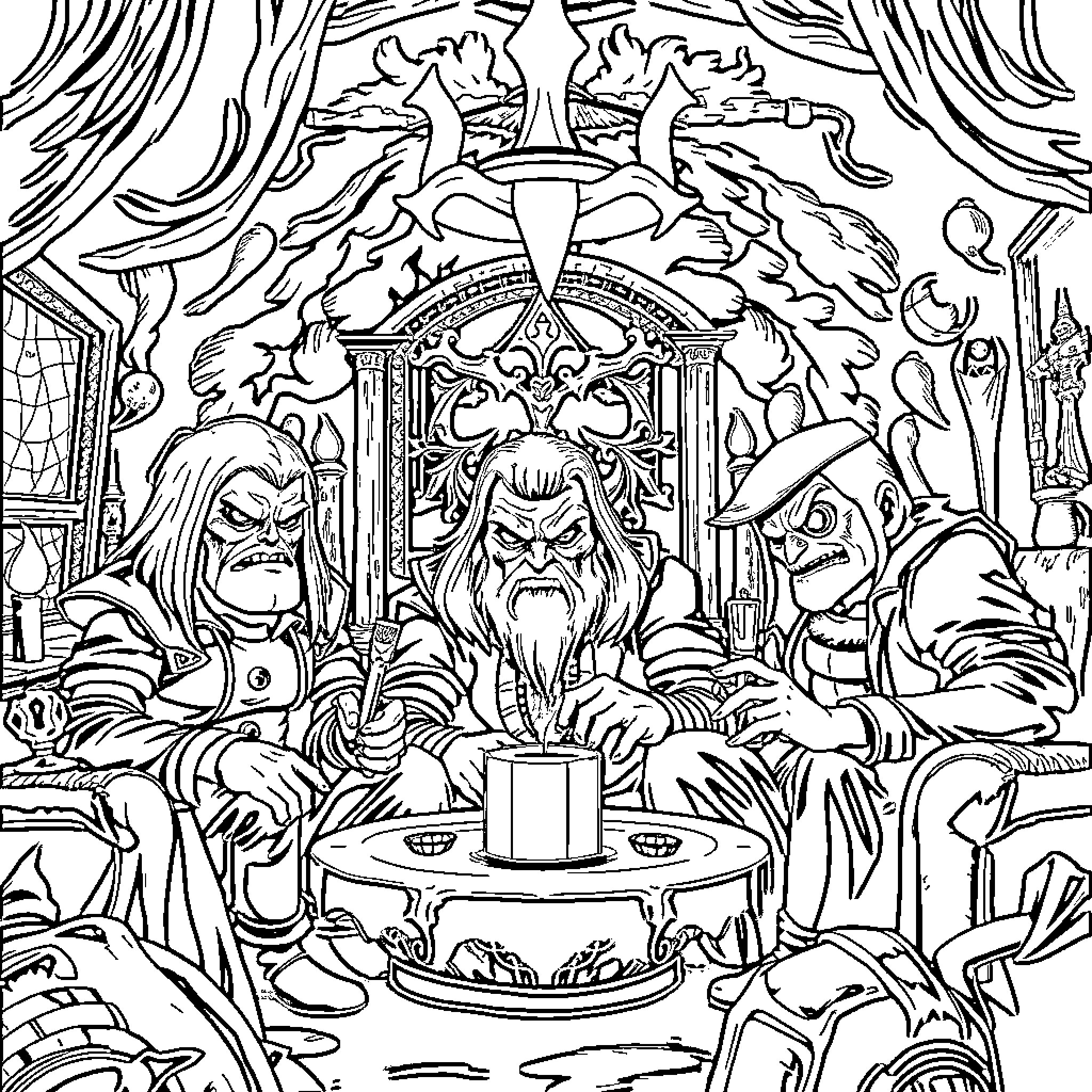 Bad Guys Plotting in a Fantastical Lair Coloring Page (free black-and-white line drawing printable PDF for all, from beginners to advanced learners, including children, teens, adults, and seniors)