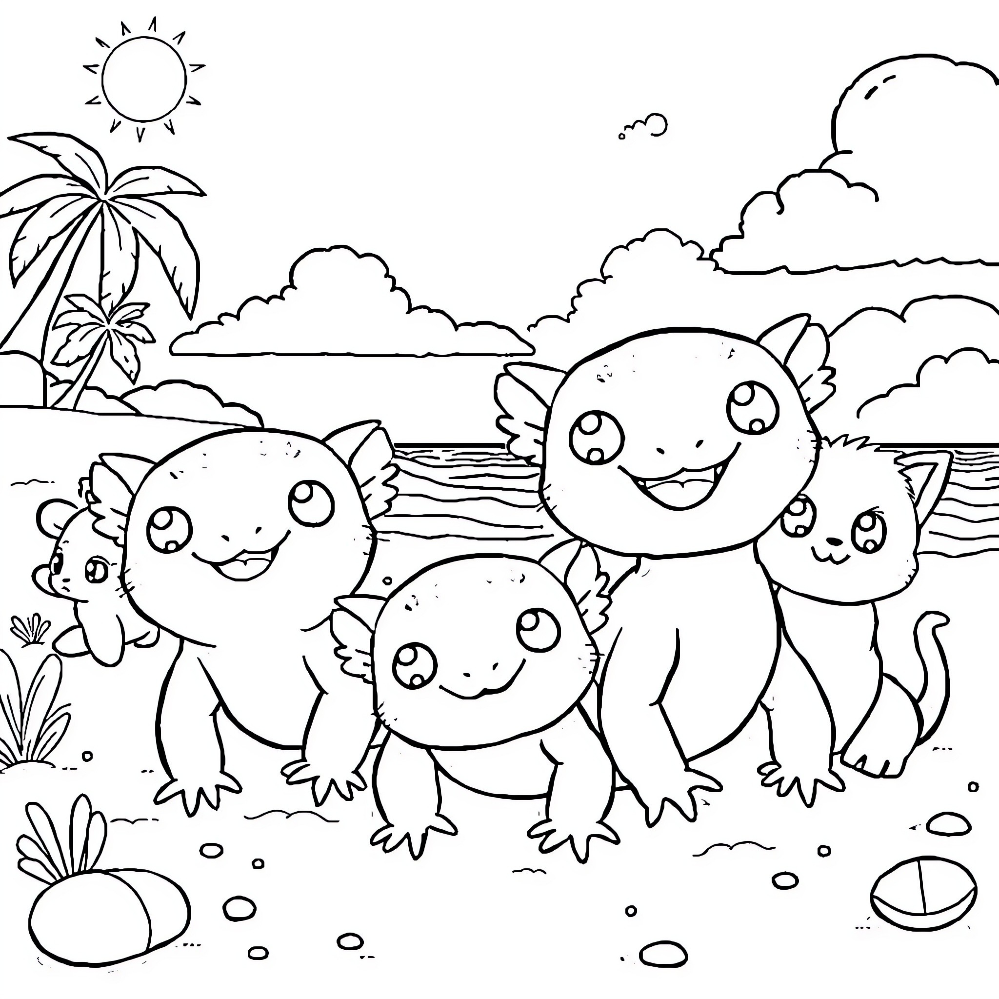 Axolotls enjoying a sunny day at the beach Coloring Page (free black-and-white line drawing printable PDF for all, from beginners to advanced learners, including children, teens, adults, and seniors)