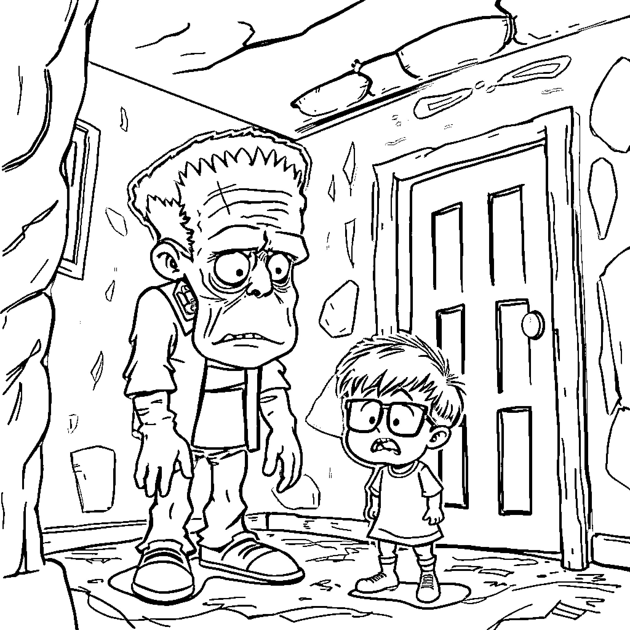 Frankenstein's Terrifying Encounter with a Bewildered Companion Coloring Page (free black-and-white line drawing printable PDF for all, from beginners to advanced learners, including children, teens, adults, and seniors)