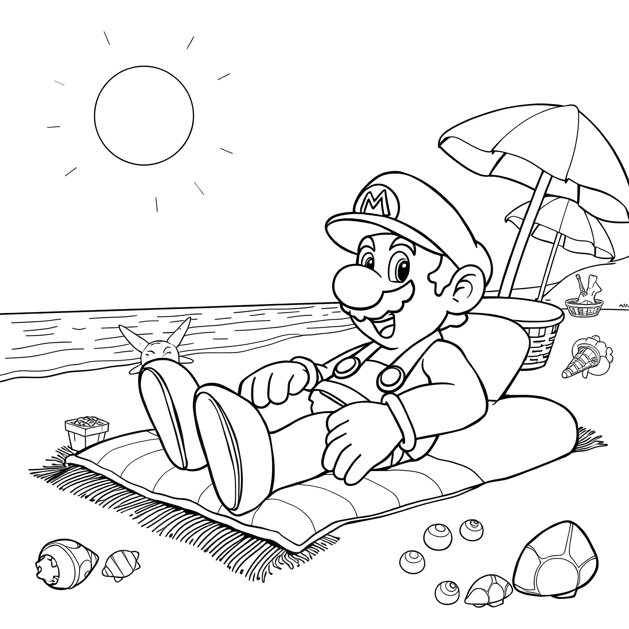 Mario relaxing on the beach under the sun Coloring Page (free black-and-white line drawing printable PDF for all, from beginners to advanced learners, including children, teens, adults, and seniors)