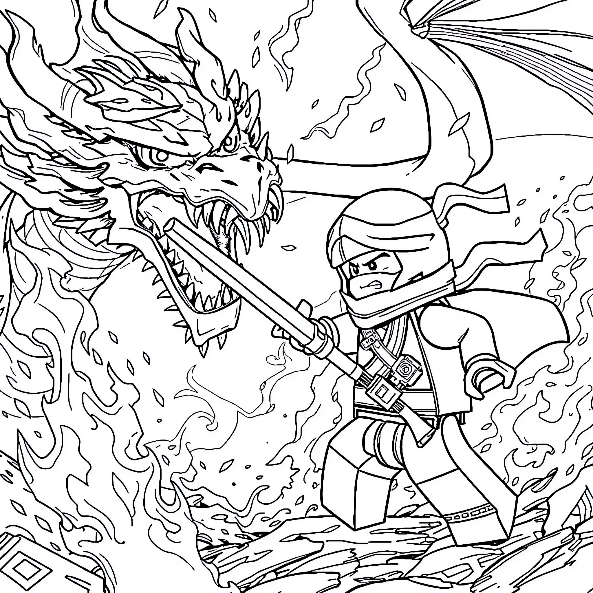Ninjago Warrior Battles Fierce Dragon Coloring Page (free black-and-white line drawing printable PDF for all, from beginners to advanced learners, including children, teens, adults, and seniors)