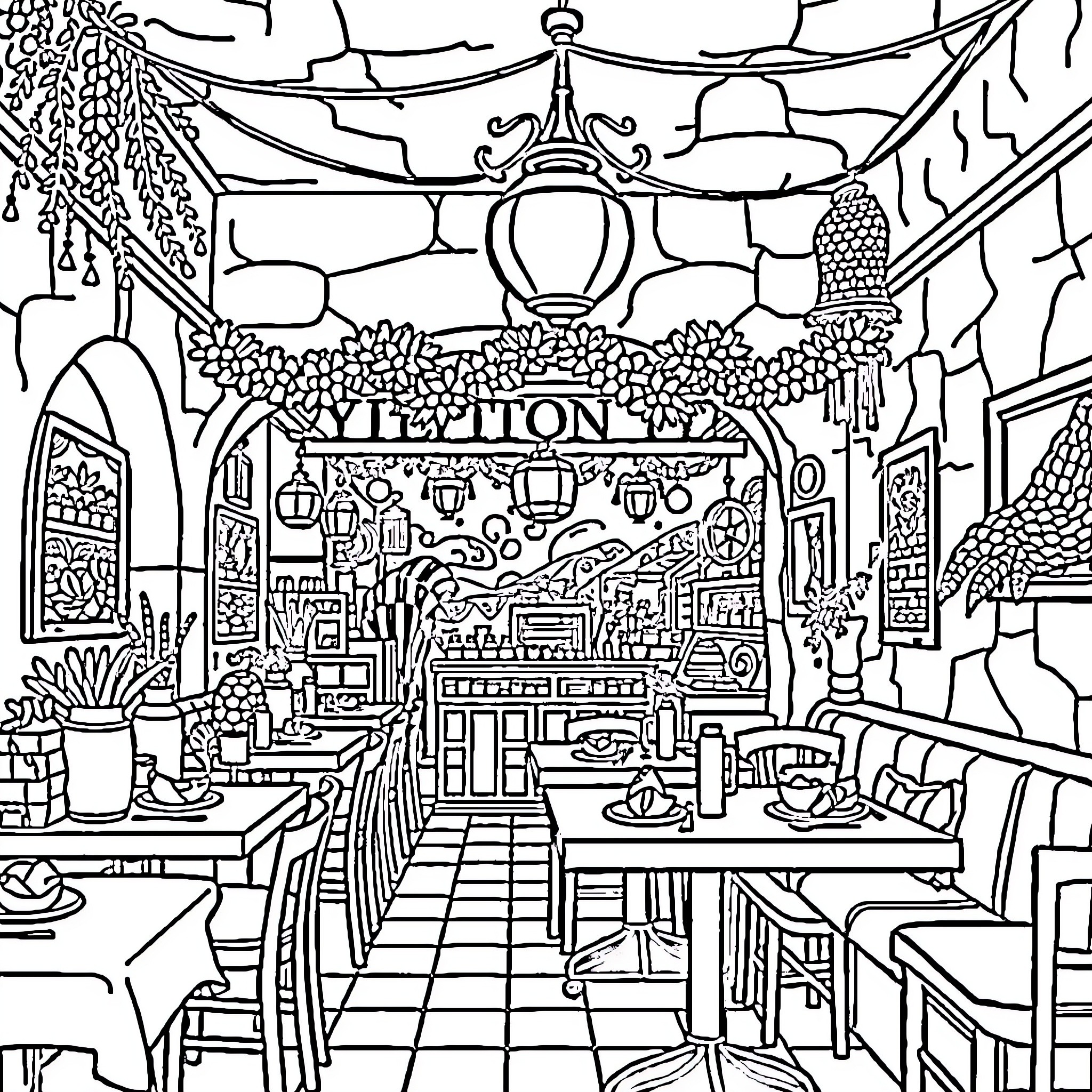 Restaurant interior with ornate decor and furnishings Coloring Page (free black-and-white line drawing printable PDF for all, from beginners to advanced learners, including children, teens, adults, and seniors)