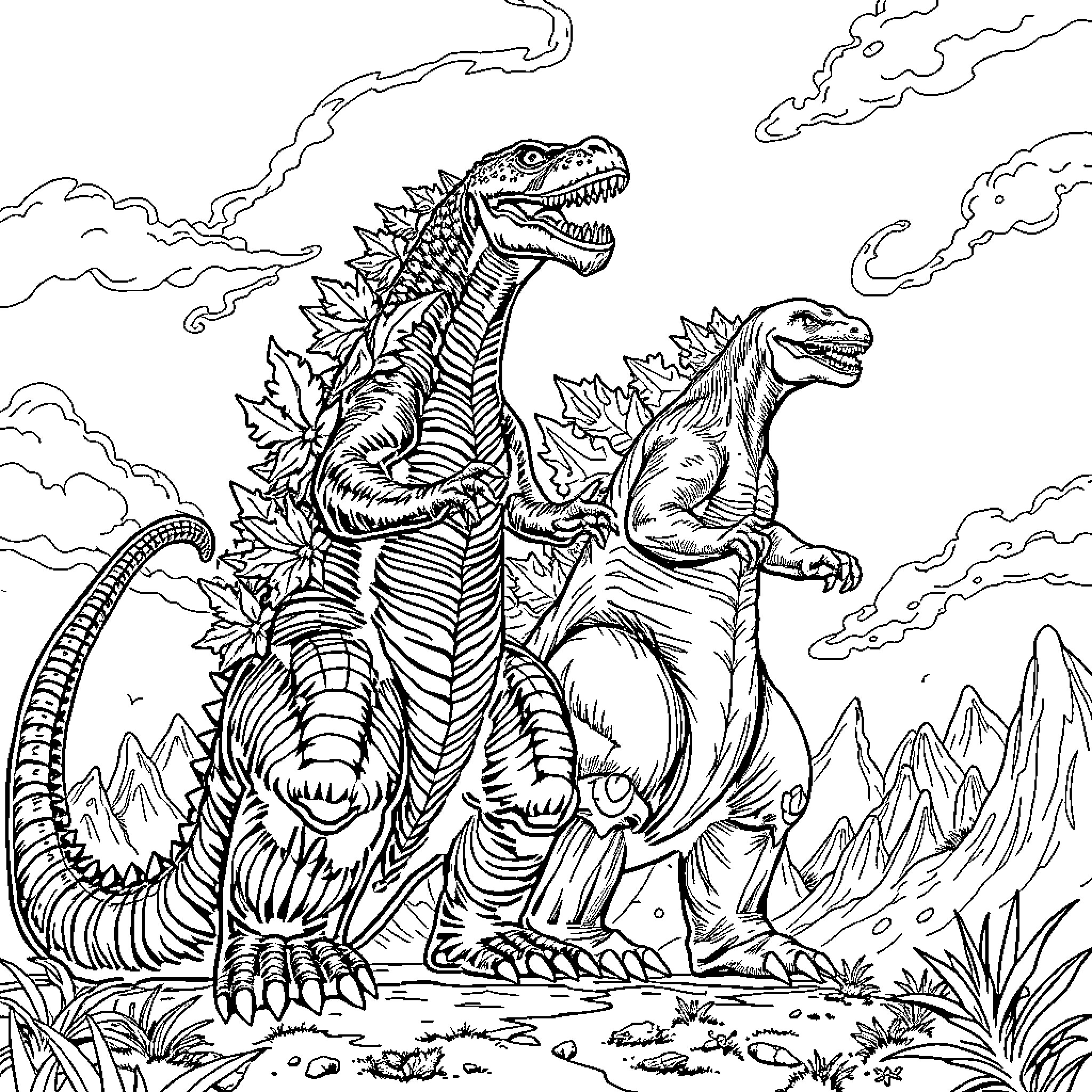 Gidorah: Colossal Dinosaurs Clash in Dramatic Landscape Coloring Page (free black-and-white line drawing printable PDF for all, from beginners to advanced learners, including children, teens, adults, and seniors)