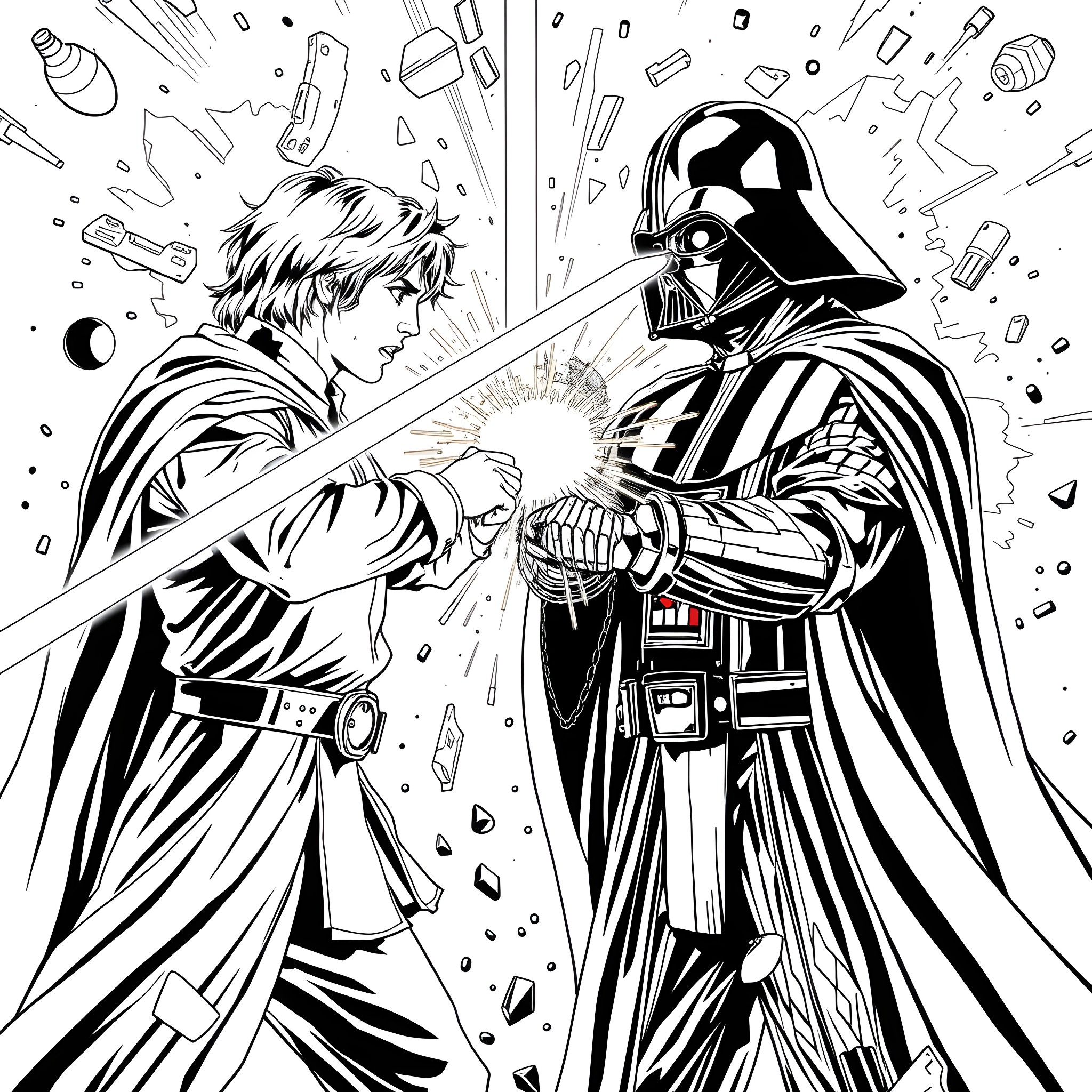 Anakin Skywalker confronts Darth Vader in epic battle Coloring Page (free black-and-white line drawing printable PDF for all, from beginners to advanced learners, including children, teens, adults, and seniors)