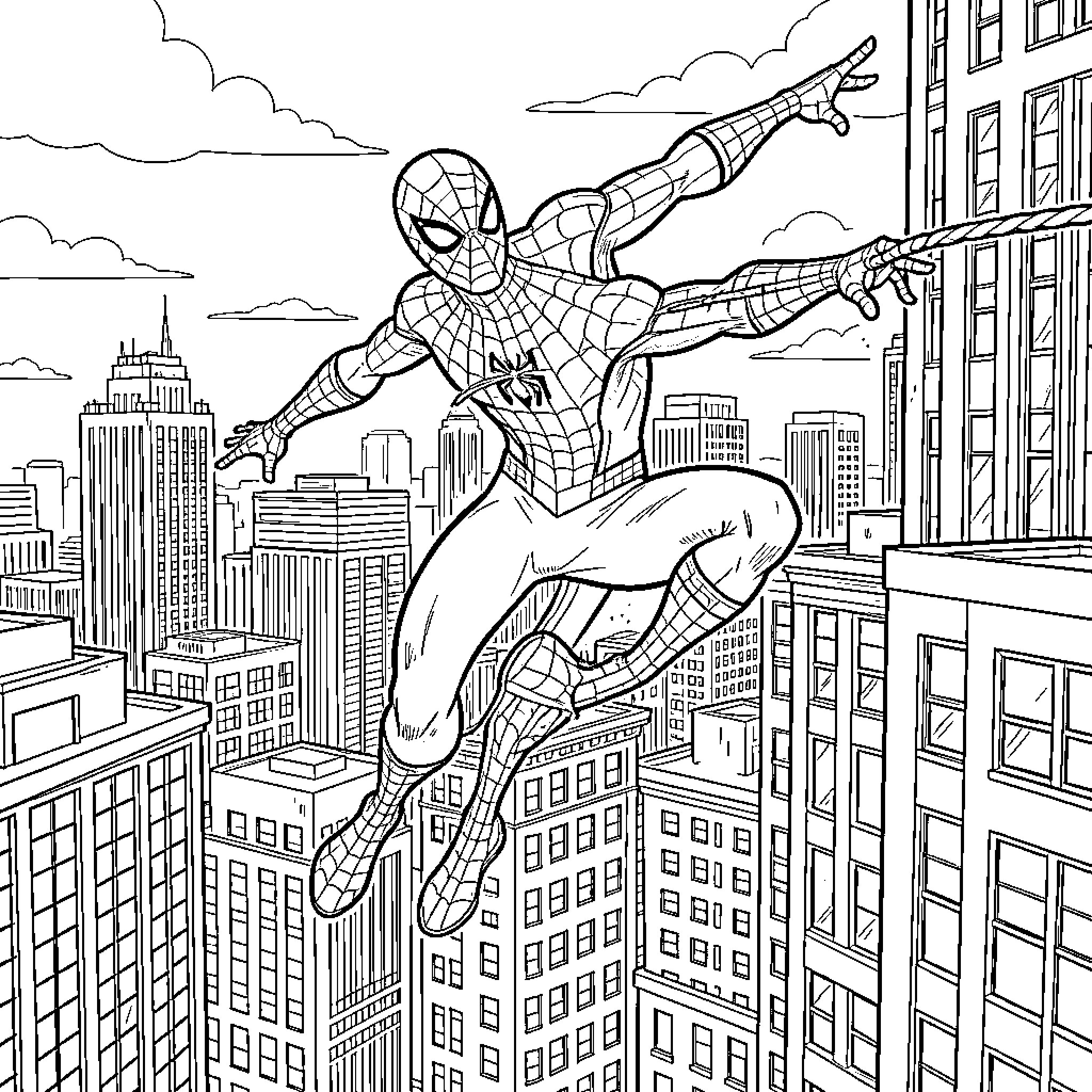 Miles Morales Swinging Through the City Skyline Coloring Page (free black-and-white line drawing printable PDF for all, from beginners to advanced learners, including children, teens, adults, and seniors)