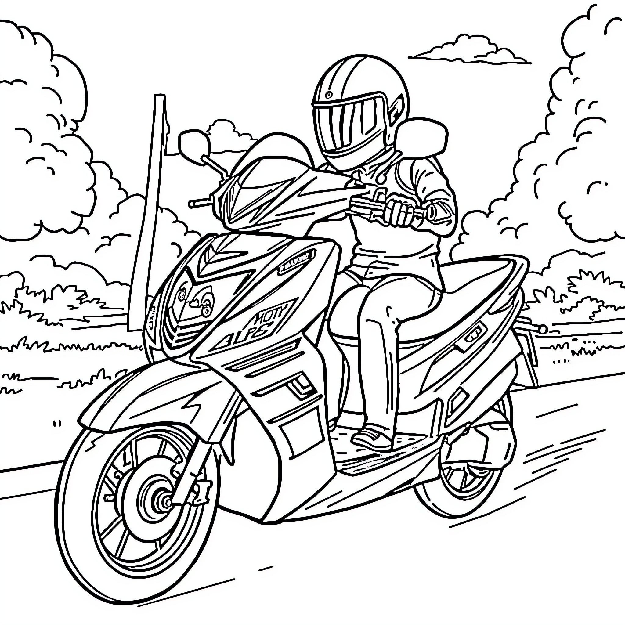 Sports Car Rider on Motorcycle Speeding Down the Road Coloring Page (free black-and-white line drawing printable PDF for all, from beginners to advanced learners, including children, teens, adults, and seniors)